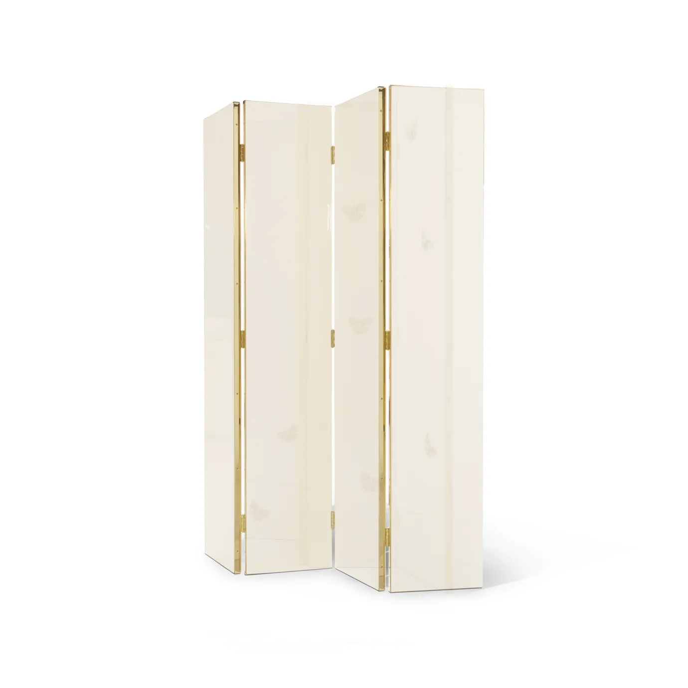 Side perspective of the KOKET Euphoria Screen highlighting its elegant brass edges and high-gloss cream lacquer panels adorned with gold butterflies.