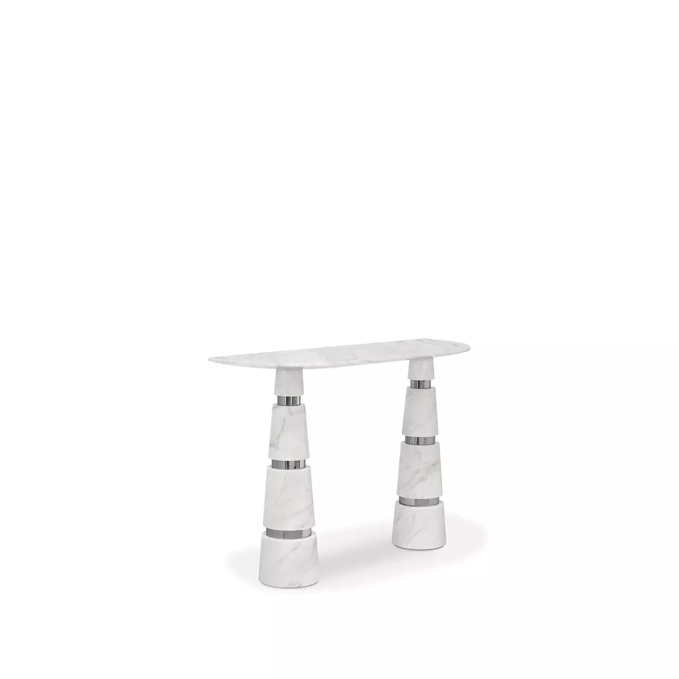 Avalanche Console: White Estremoz marble top and striking conical legs with polished stainless steel details create a sleek, modern design.