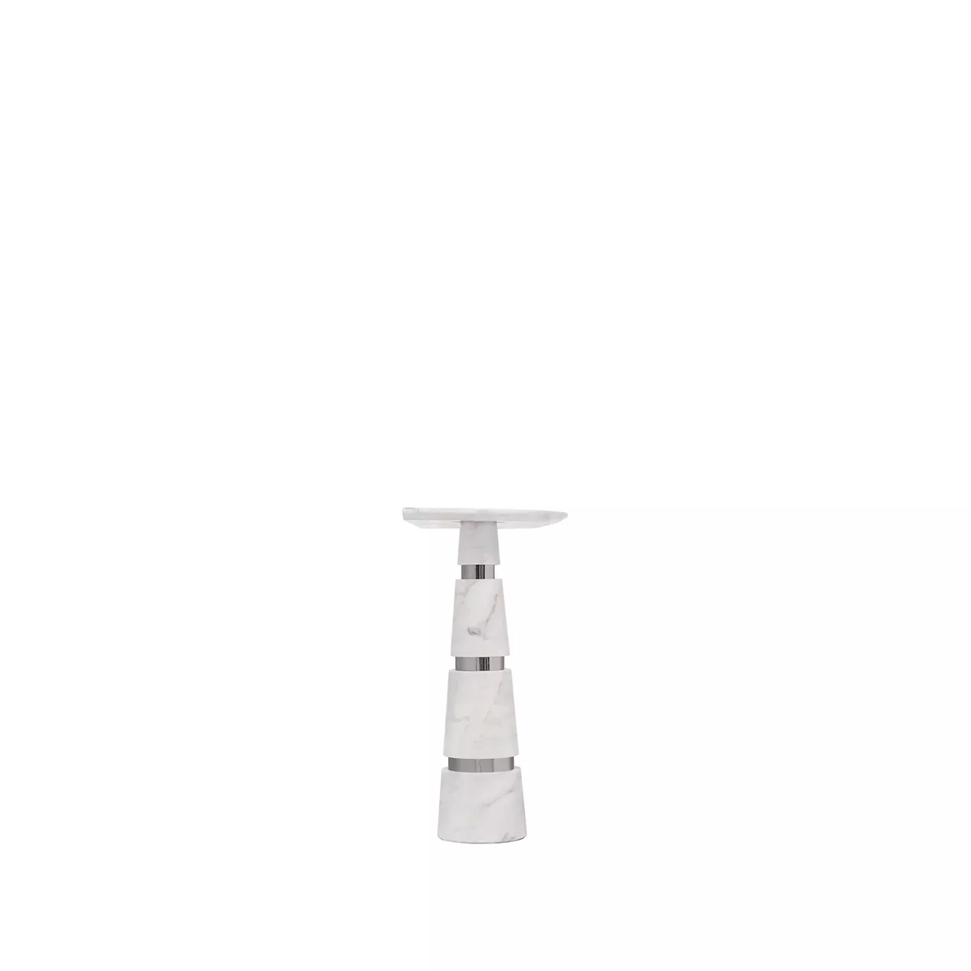 Side view of the Avalanche Console: White Estremoz marble with conical legs and polished stainless steel details create a modern design.