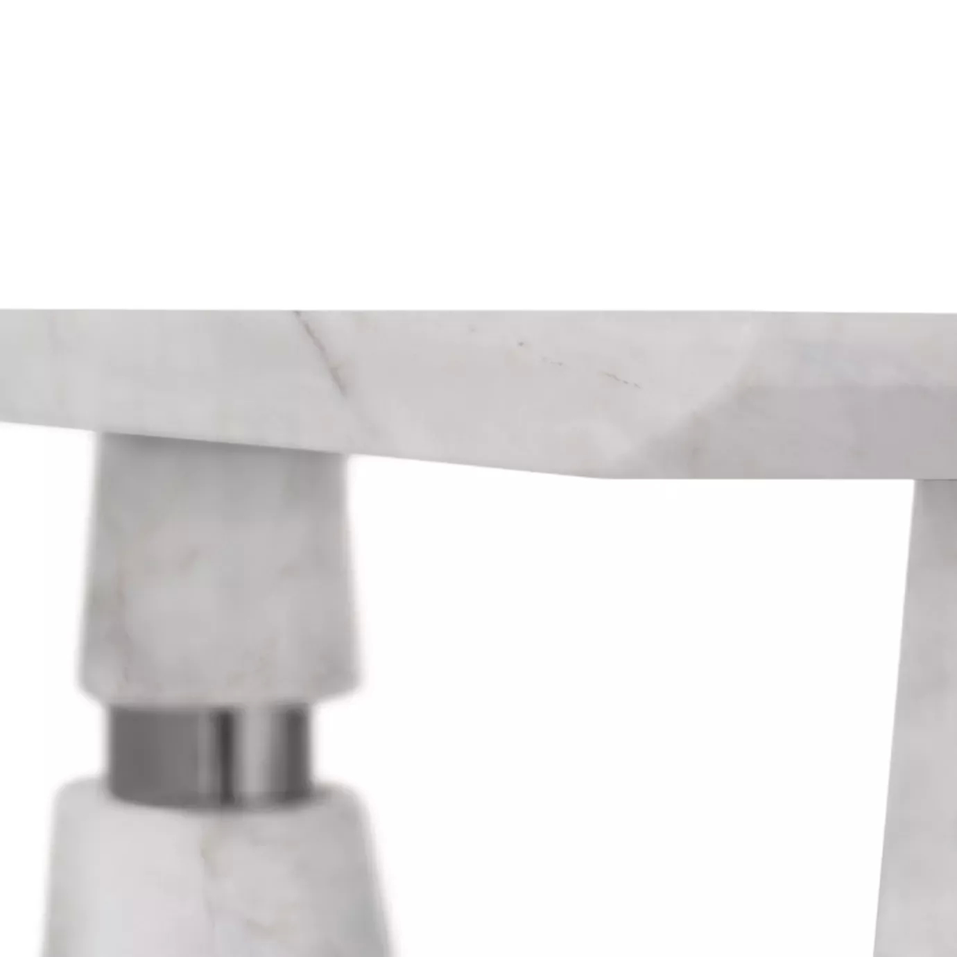 Close-up of the Avalanche Console: White Estremoz marble with conical legs and polished stainless steel rings.
