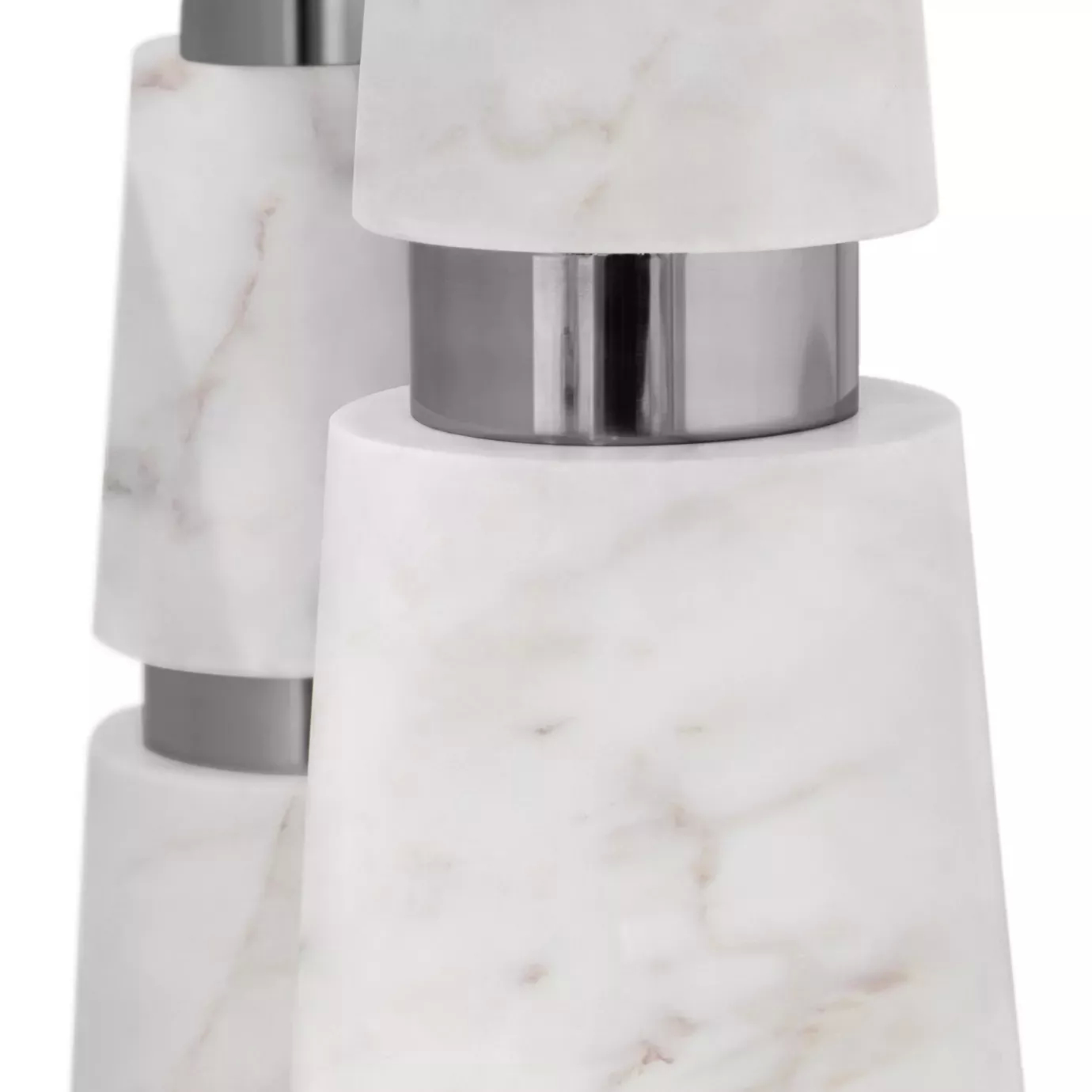 Close-up of the Avalanche Console's legs: White Estremoz marble in conical segments separated by polished stainless steel rings.