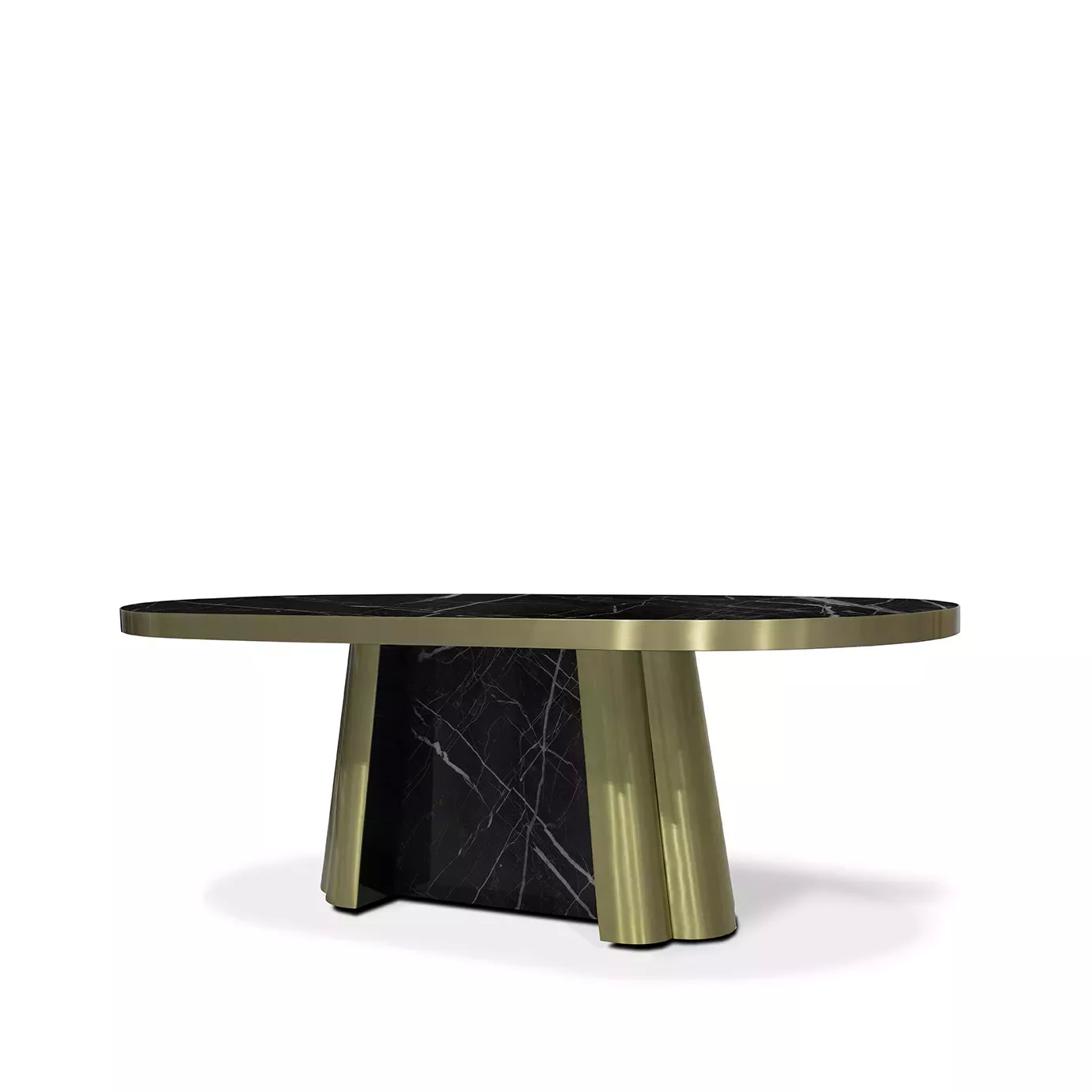 Decodiva Dining Table, slightly angled, showcasing its oval black Nero Marquina marble top, gold trim, and the unique black marble and gold base.