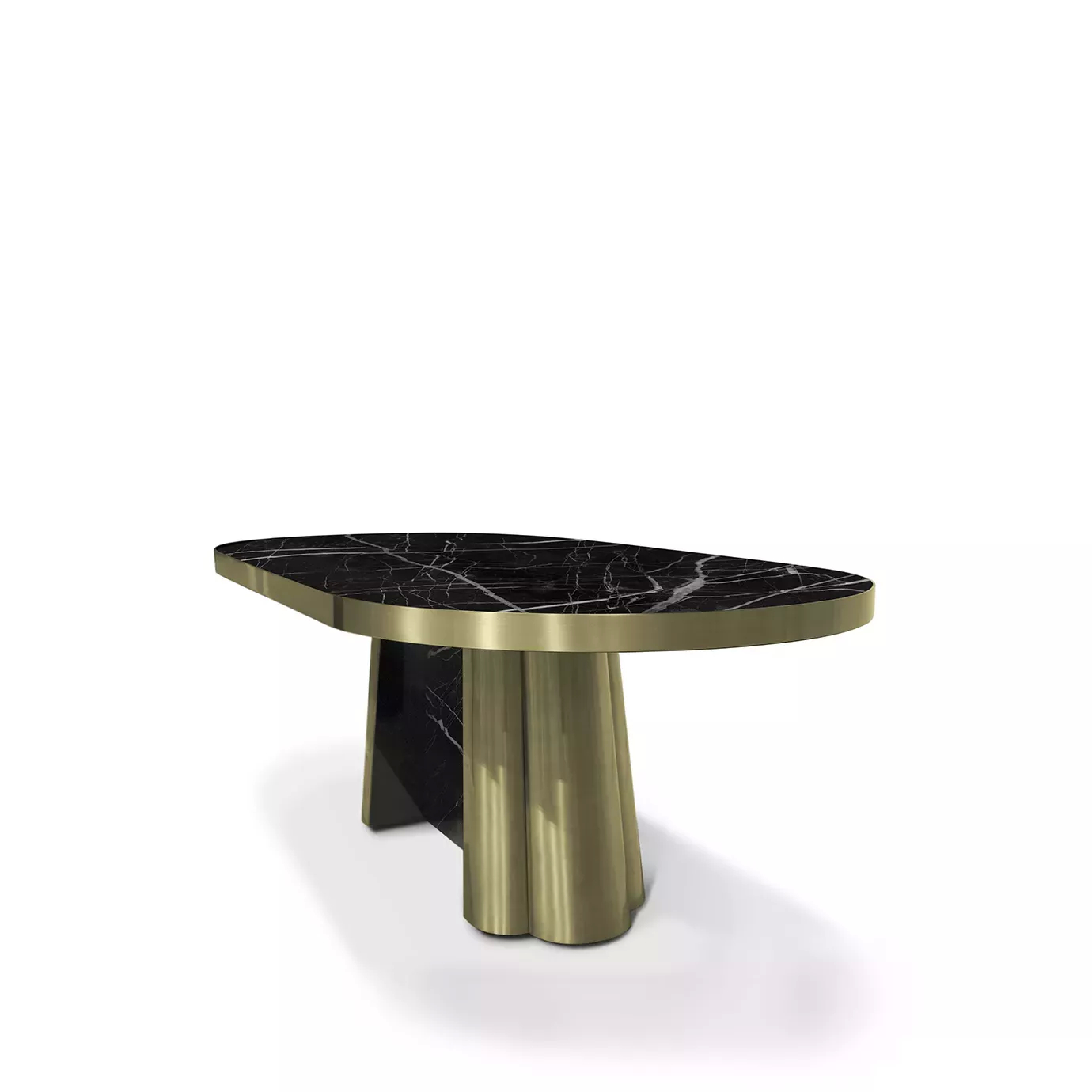 Decodiva Dining Table, shown at a slight angle, featuring an oval black Nero Marquina marble top, gold trim, and a unique black marble and gold base.