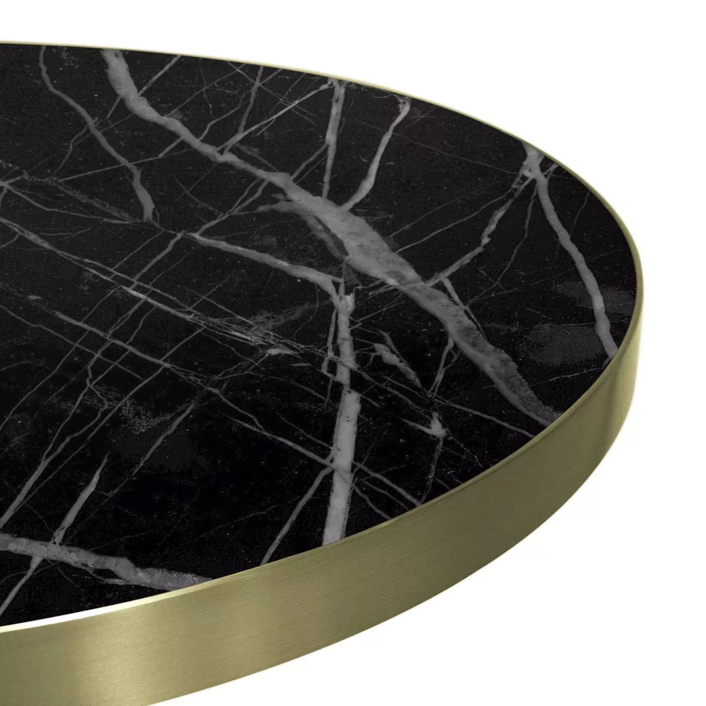 Close-up on the Decodiva Dining Table's corner, showing the black Nero Marquina marble top with white veining and a smooth gold trim.
