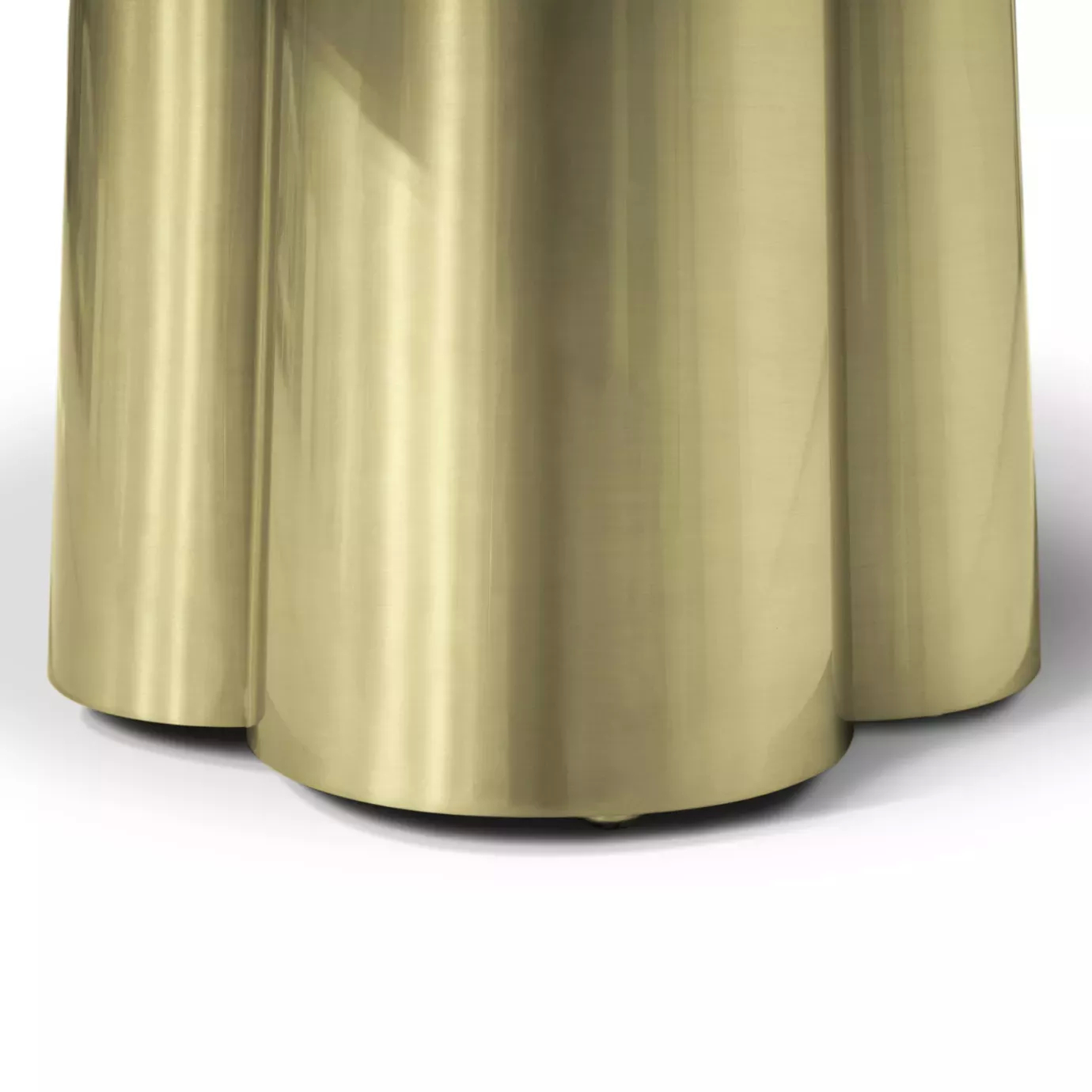 Close-up on the Decodiva Dining Table's base, featuring smooth, curved gold-toned segments meeting a wider, cylindrical gold base.