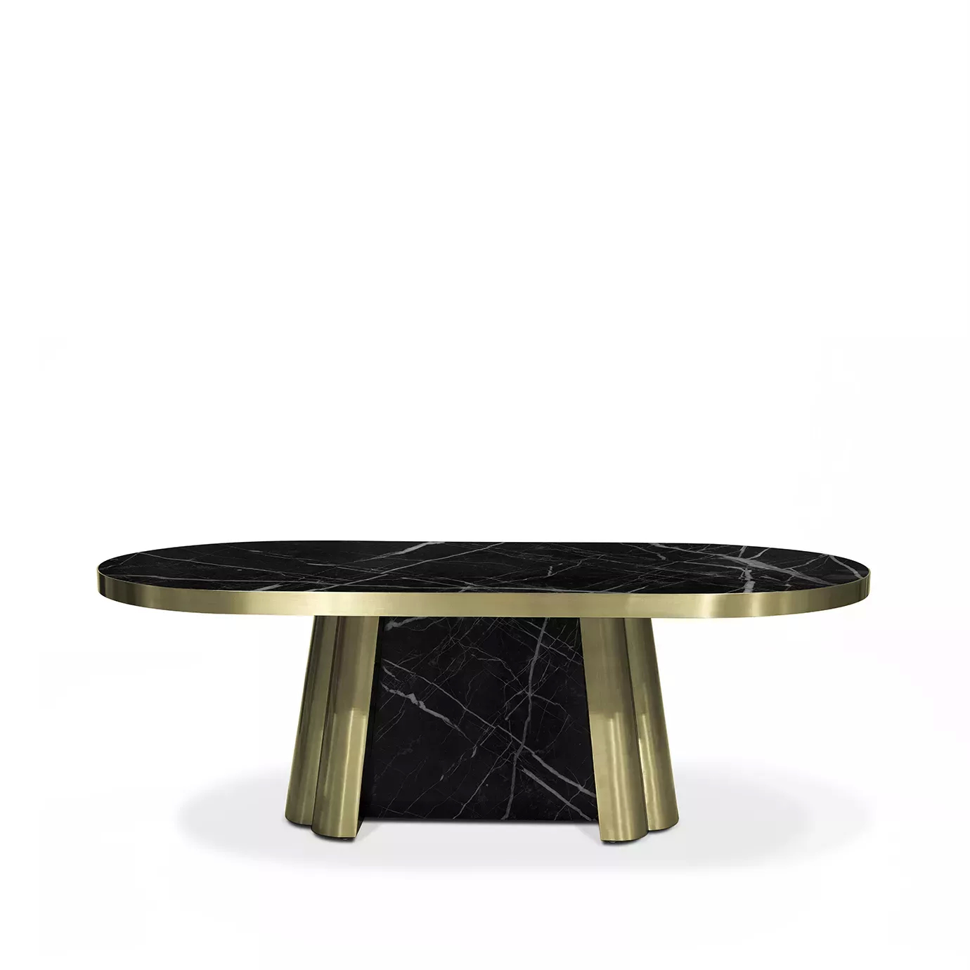 Decodiva Dining Table with an oval black Nero Marquina marble top, gold trim, and a striking black marble and gold base.