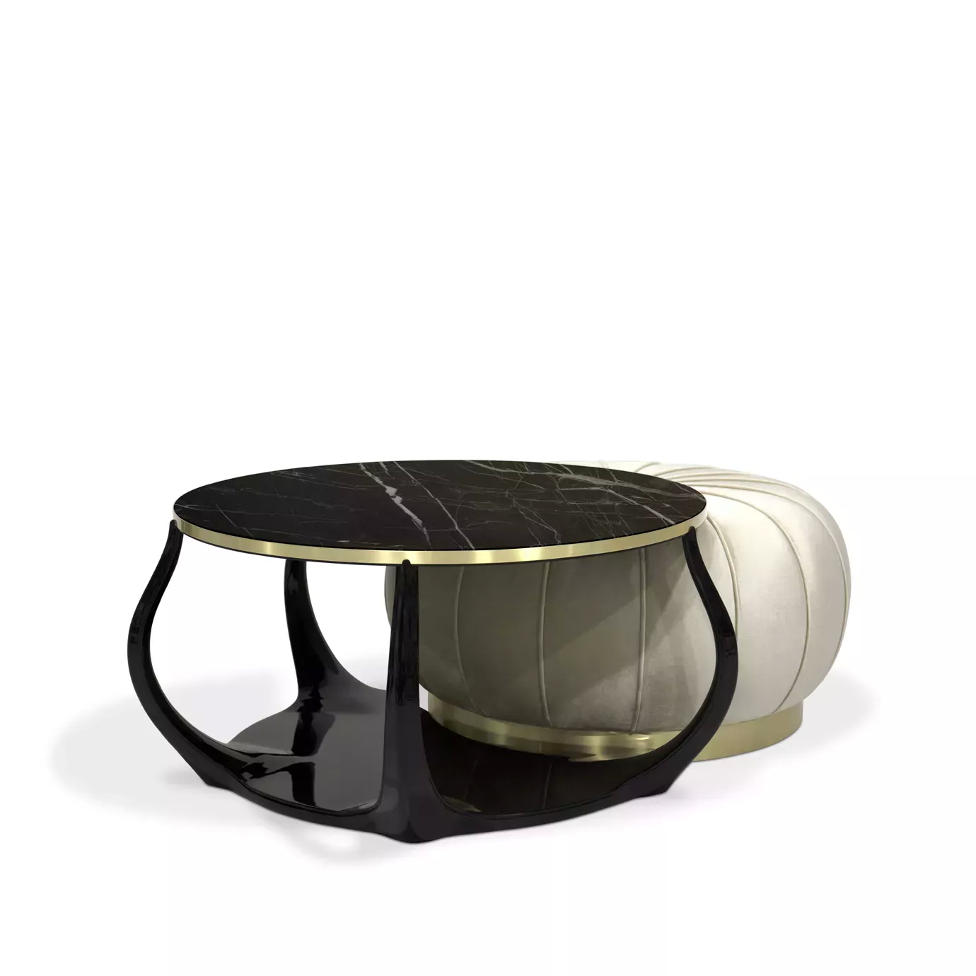 Embrace Coffee Table: Black Nero Marquina marble top with gold trim, sculptural black base, and a soft cream velvet ottoman with gold detail.