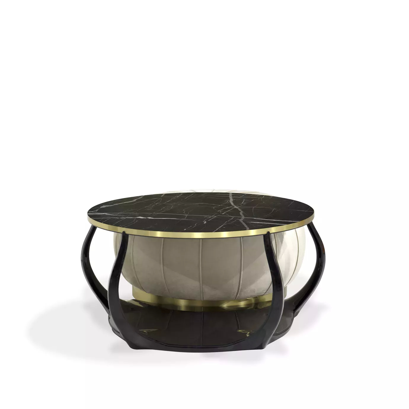 Embrace Coffee Table: Black Nero Marquina marble top with gold trim, curved black base cradling a cream velvet ottoman with gold accents.