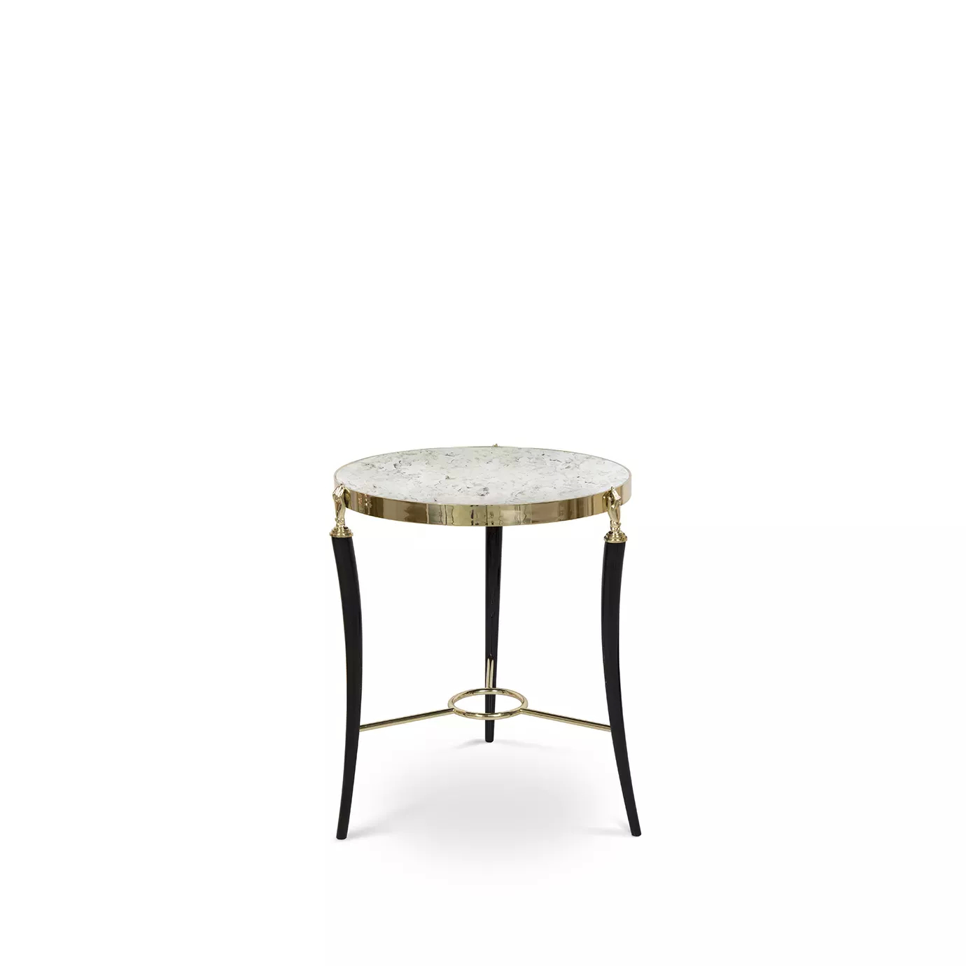 Gisele Side Table with an aged mirror top, a gold-toned rim, and elegant dark legs with ornate gold accents.