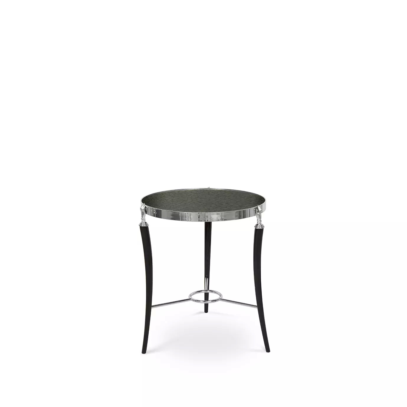 Gisele Nickel Side Table with a dark, textured top, a shiny nickel rim, and elegant dark legs with nickel detailing.