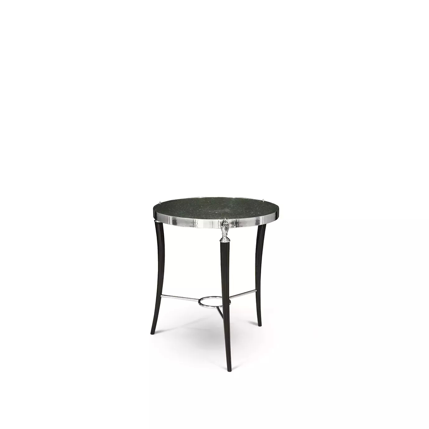 Gisele Nickel Side Table with a dark green marble top, nickel rim, and dark wood legs with nickel accents, in a bright room setting.