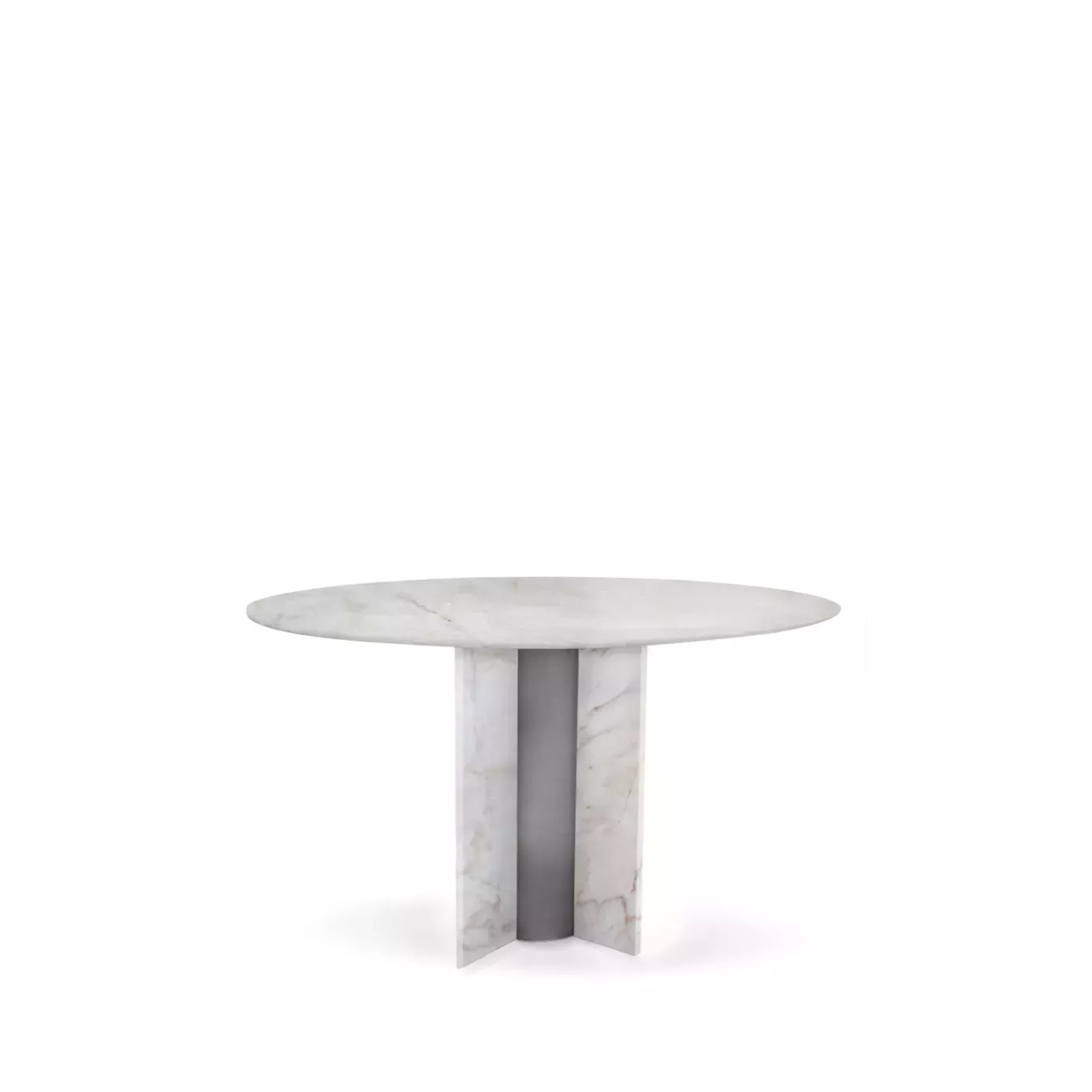 Paris Estremoz Marble Dining Table with a round white marble top and a cylindrical marble base with a central metal accent.
