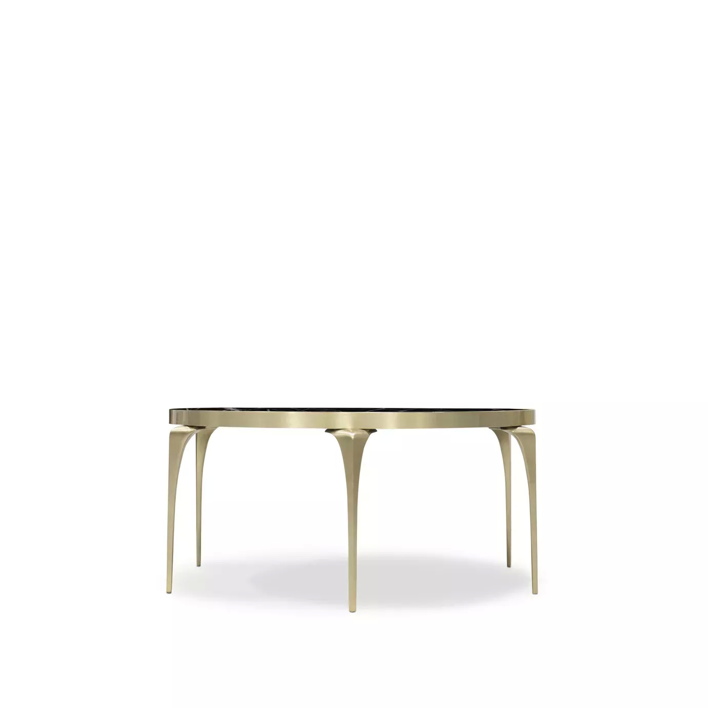 Rita Coffee Table featuring a round, black Nero Marquina marble top with white veining, and a sleek, golden base.