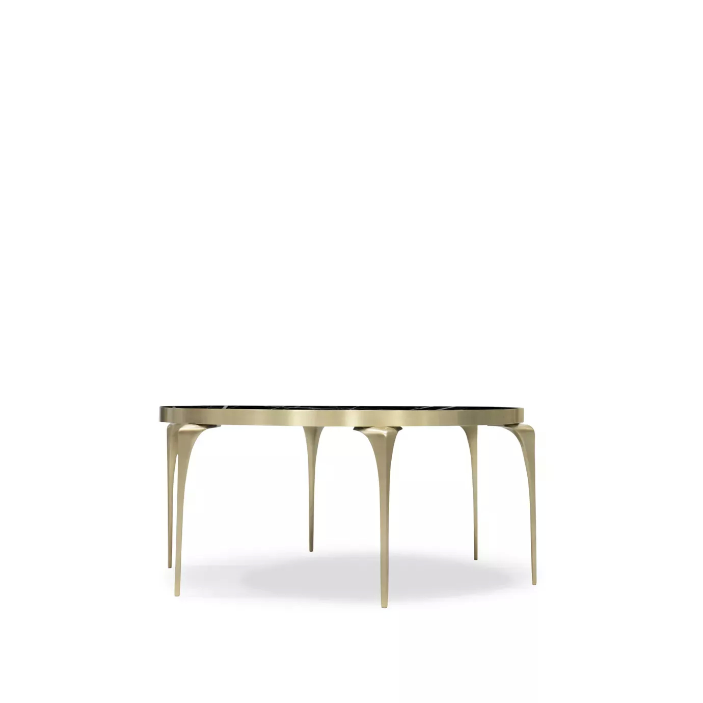 Rita Coffee Table with a round, black Nero Marquina marble top showcasing white veins, and a stylish, thin golden base.