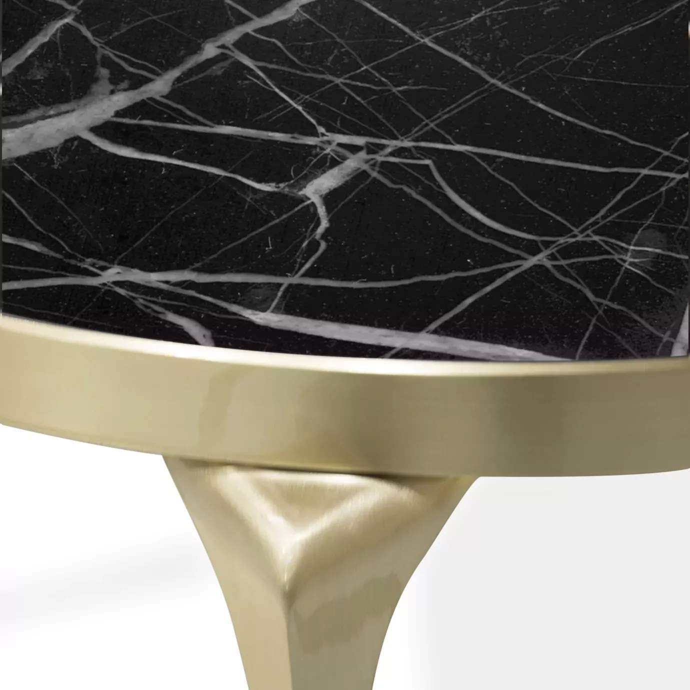 Close-up of the Rita Coffee Table, highlighting the black Nero Marquina marble top with white veining and the sleek golden base.