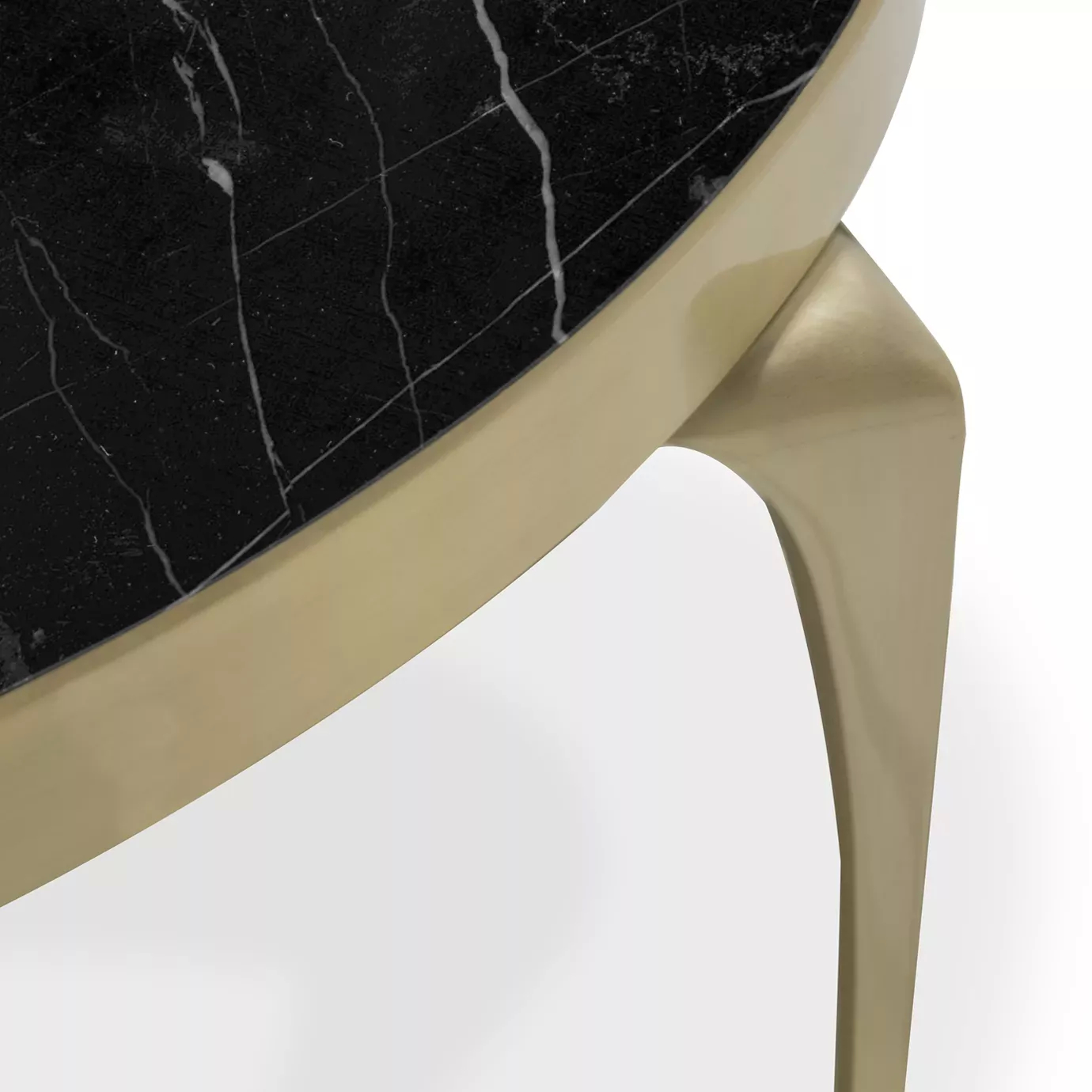 Close-up of the Rita Coffee Table's black Nero Marquina marble top with distinct white veins and its elegant golden leg.