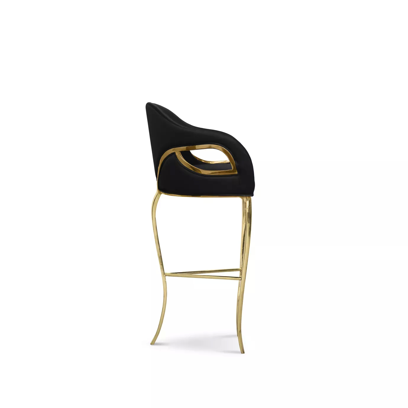 Side perspective of the glamourous Chandra High Back Bar Stool, distinguished for its three legs, featuring a golden structure and black upholstery.