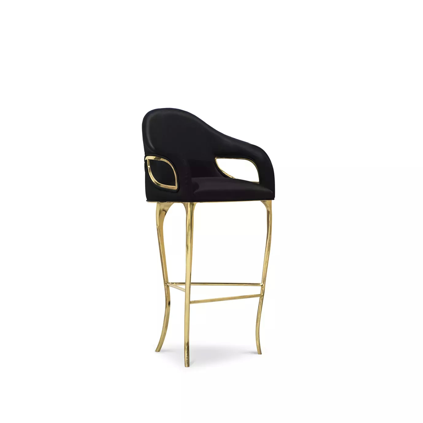 Display of Chandra High back Bar Stool, demonstrating its distinctive feature of only having 3 legs, in golden hues, contrasting with the elegant black upholstery.