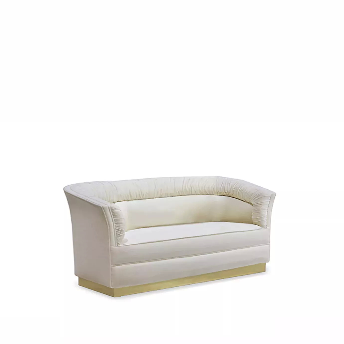 Lovely Metal Base Sofa with a cream-colored, gathered back and seat, on a sleek golden base.