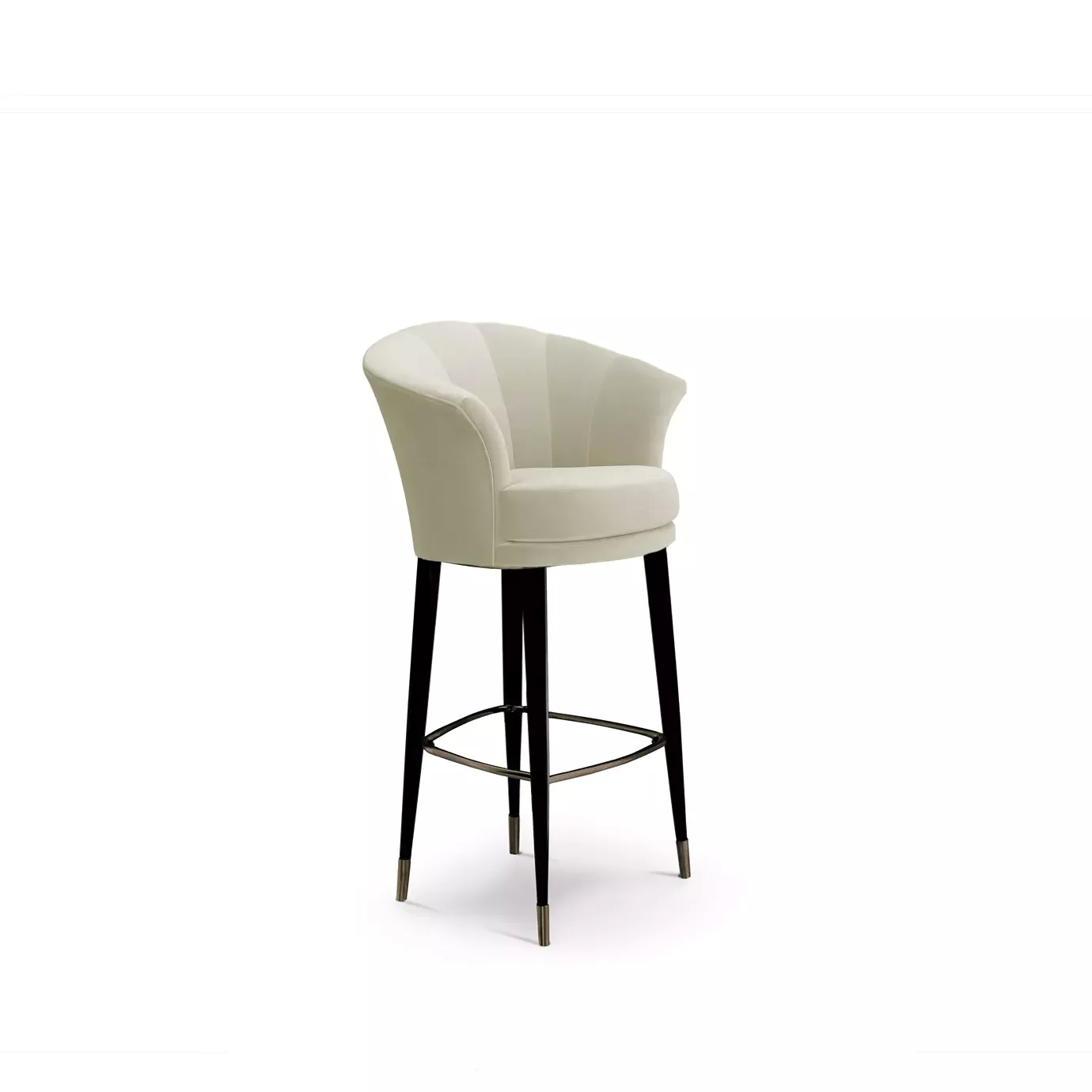 Besame Bar Stool with a cream-colored, fan-pleated back, a cushioned seat, and sleek black legs with metallic accents.