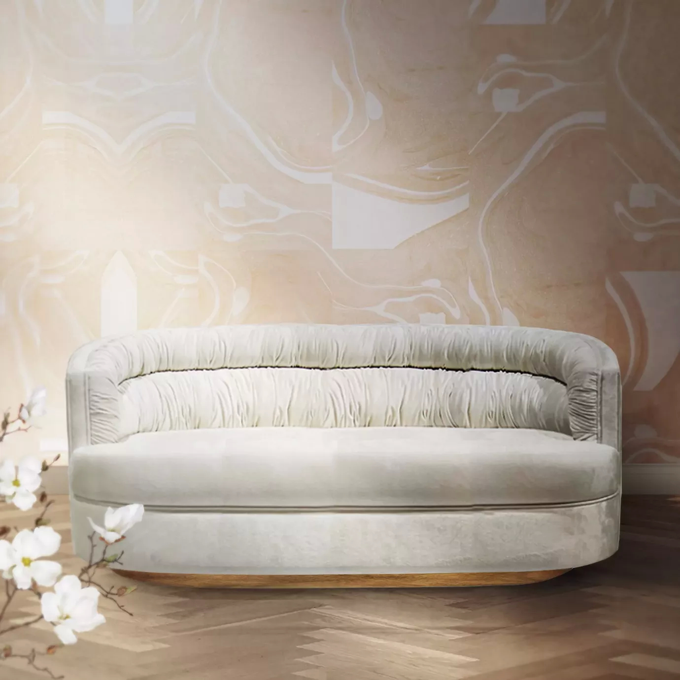 Cocktail Metal Base Sofa in a room setting, featuring soft, off-white upholstery, a gathered back, and a sleek metal base.