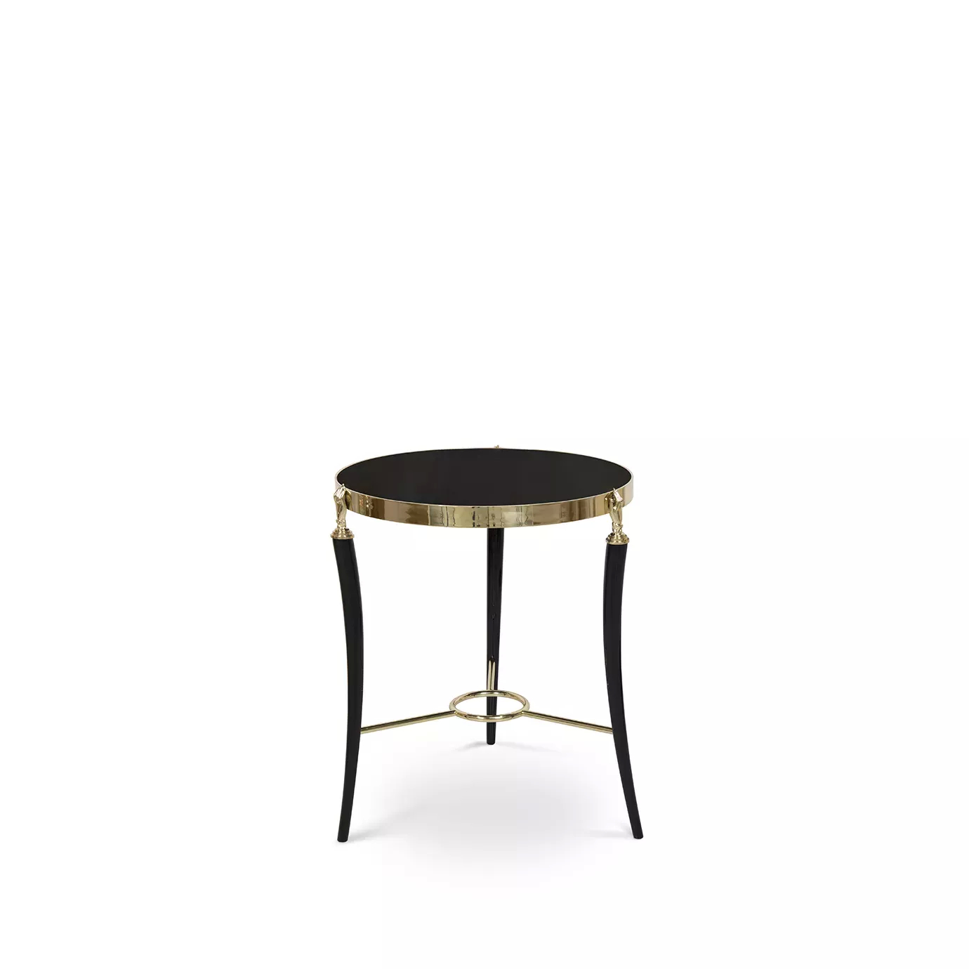 Gisele Lacquer Side Table with a round, glossy black top, a golden rim, and black legs featuring golden hand details.