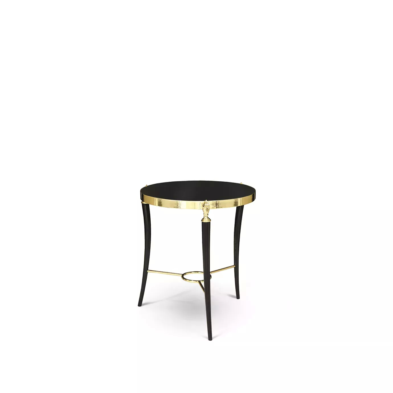 Gisele Lacquer Side Table with a round, glossy black top, a golden rim, and black legs with golden hand accents.