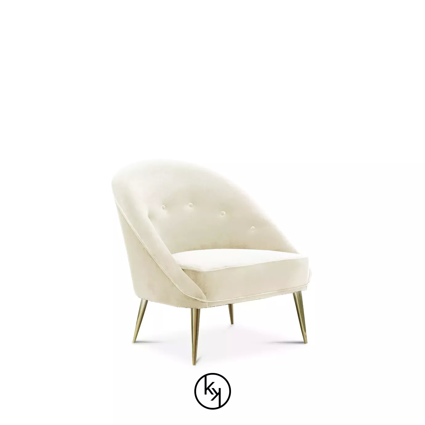 Slightly angled view of the Aberdeen Chair, featuring a cream-colored, button-tufted design and sleek golden legs.