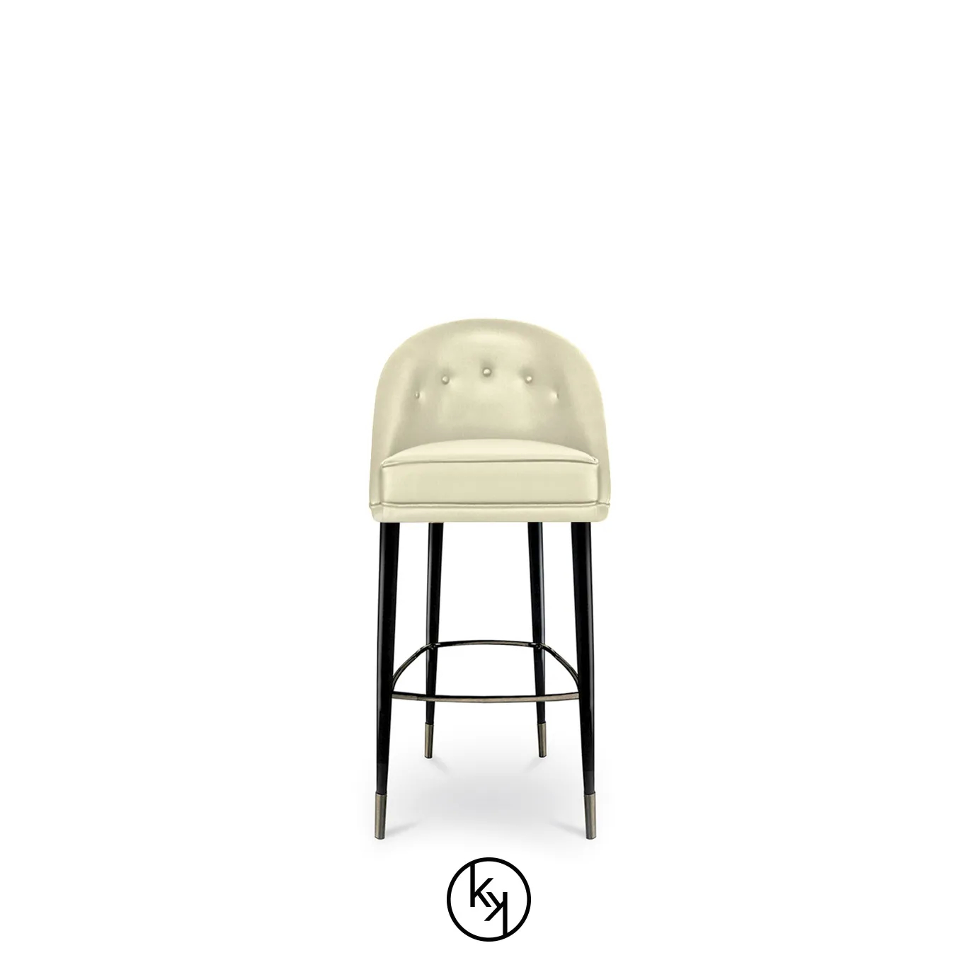 Aberdeen Bar Stool with a cream-colored, button-tufted seat and back, supported by sleek black legs with metallic accents.