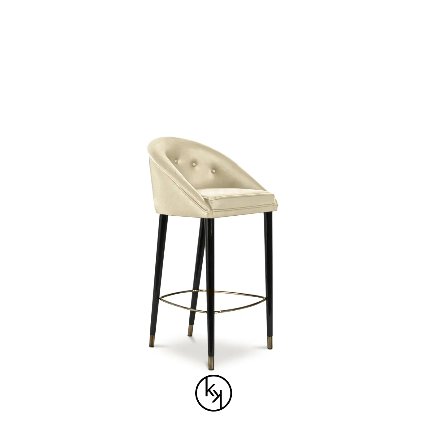 Slightly angled view of the Aberdeen Bar Stool, featuring a cream, button-tufted seat and back, sleek black legs, and metallic details.