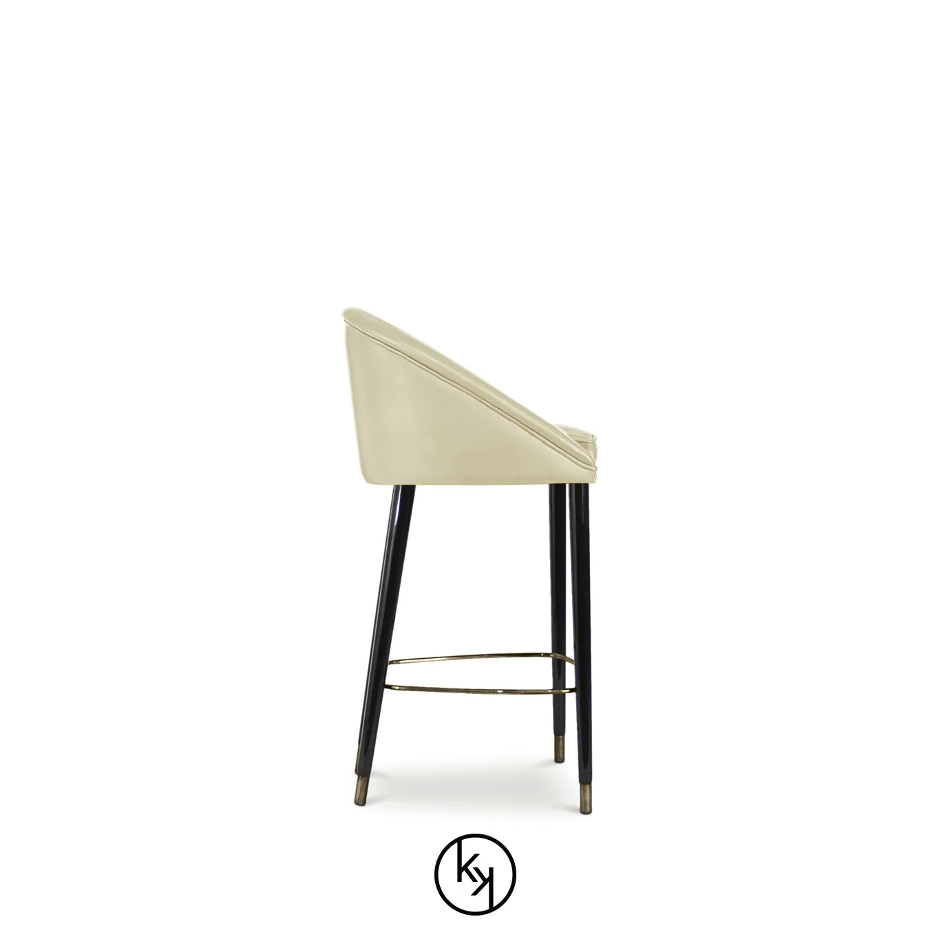 Side view of the Aberdeen Bar Stool, showcasing its cream-colored, button-tufted seat and back, supported by sleek black legs with metallic accents.