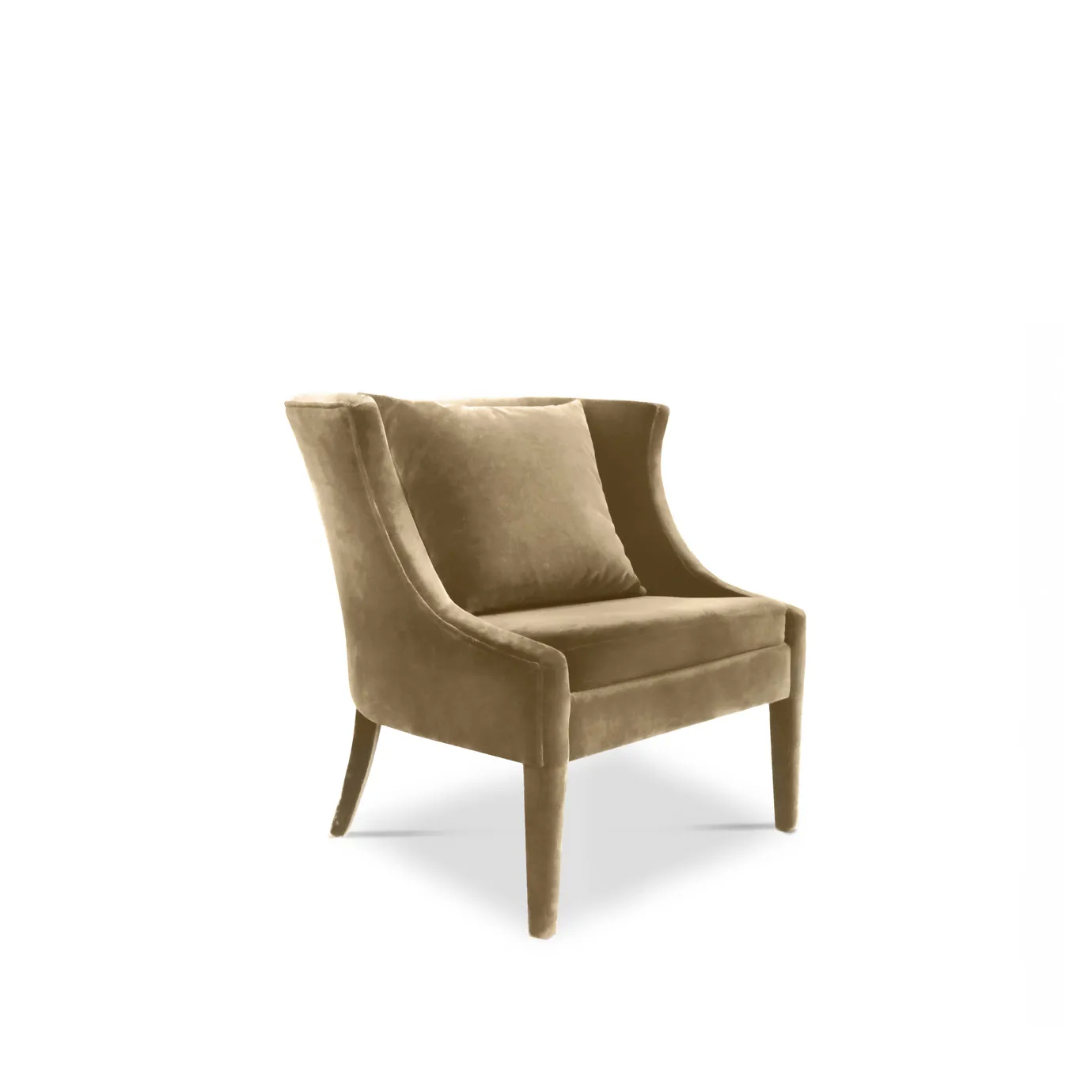 Slightly angled view of the Athina Chair, a wingback armchair upholstered in a soft, golden-brown velvet with a matching square pillow.
