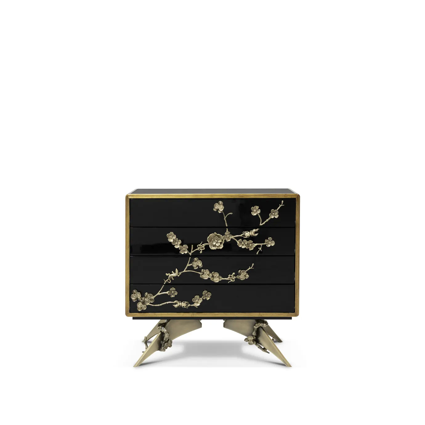 Black lacquer Spellbound Nightstand with ornate golden floral details on drawers and unique, sculptural golden legs.