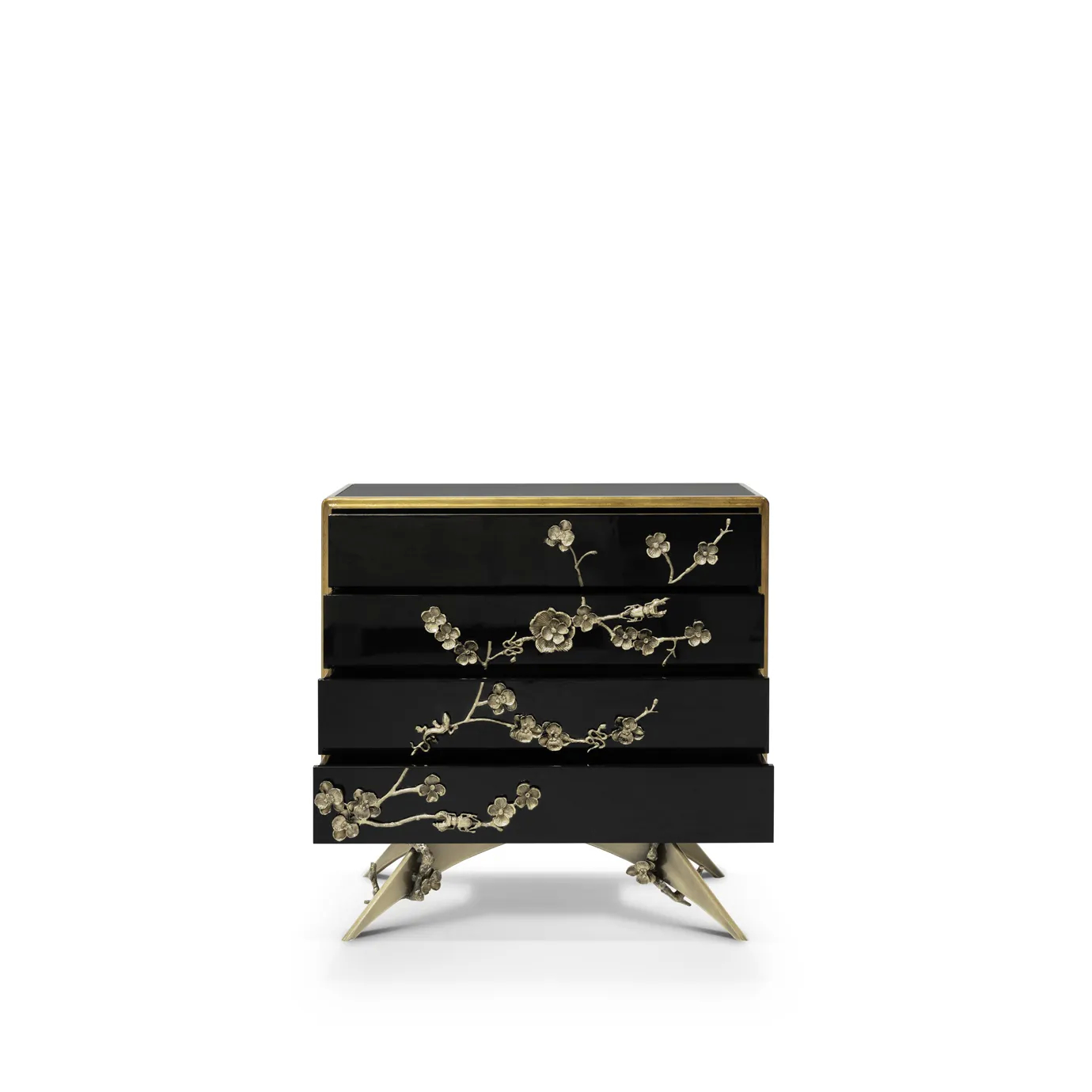 Black lacquer Spellbound Nightstand with open drawers revealing interiors and ornate golden floral details on the fronts and sculptural golden legs.