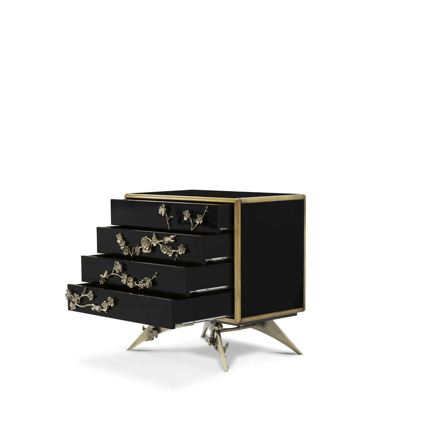 Slightly angled Spellbound Lacquer Nightstand with open drawers revealing interiors, showcasing its black glossy finish and golden floral accents.