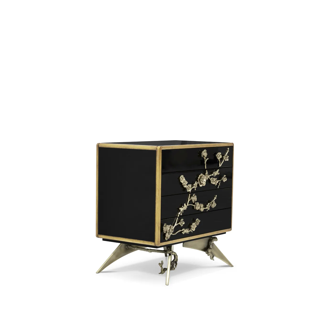Slightly angled view of the Spellbound Lacquer Nightstand, featuring its black glossy finish, golden trim, ornate floral details, and unique sculptural legs.