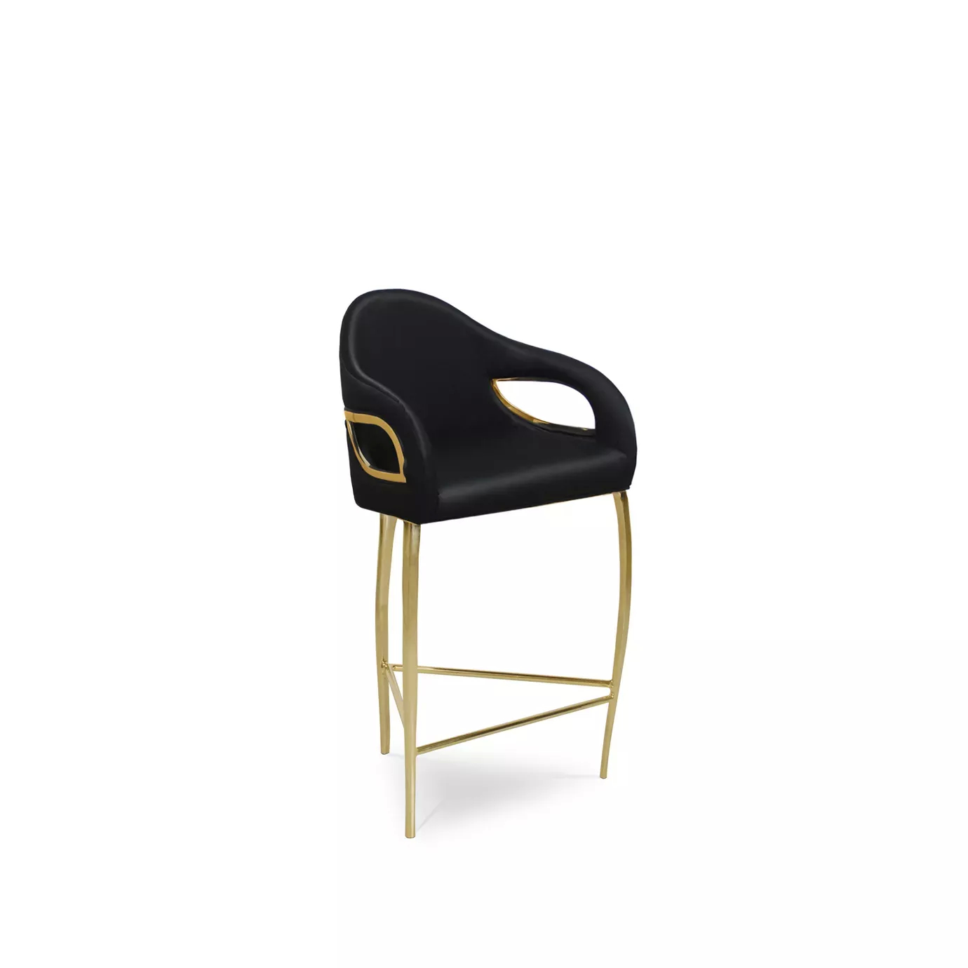 Display of Chandra High Back Counter Stool, demonstrating its distinctive feature of only having 3 legs, in golden hues, contrasting with the elegant black upholstery.