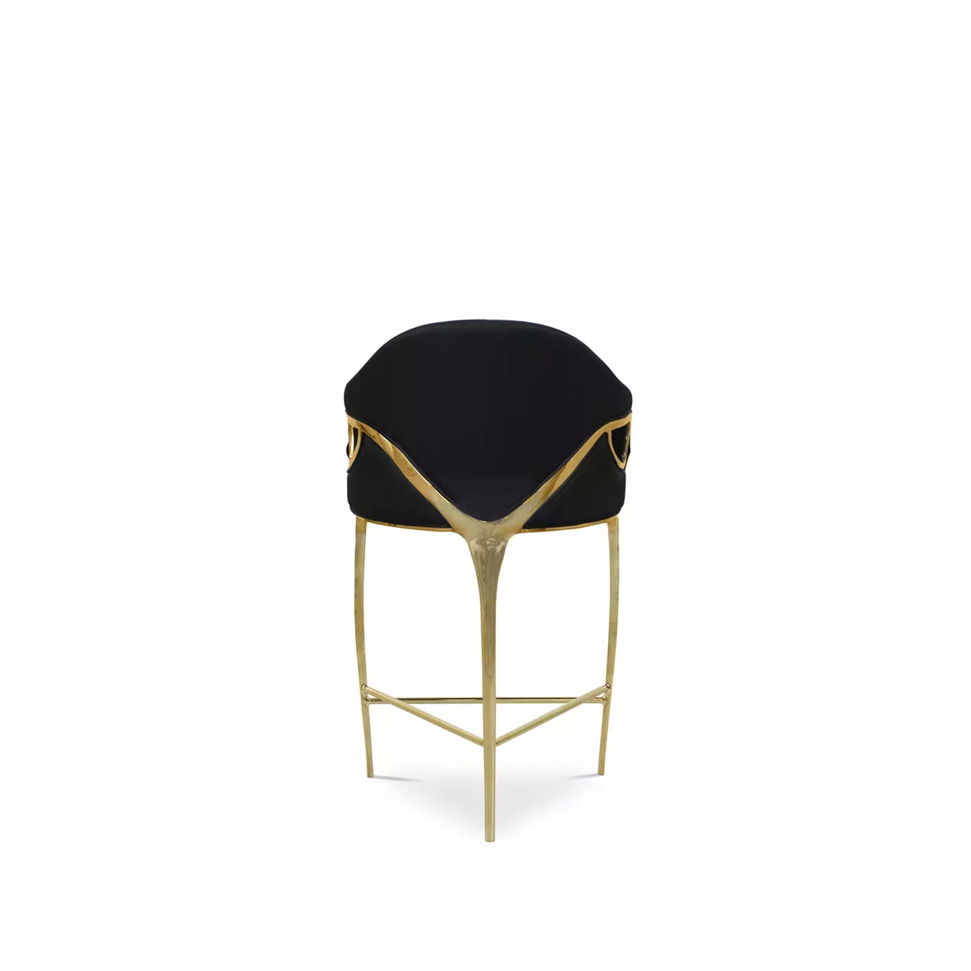 Chandra High Back Counter Stool seen from the back, highlighting its elegant golden structure combining with the black upholstery.