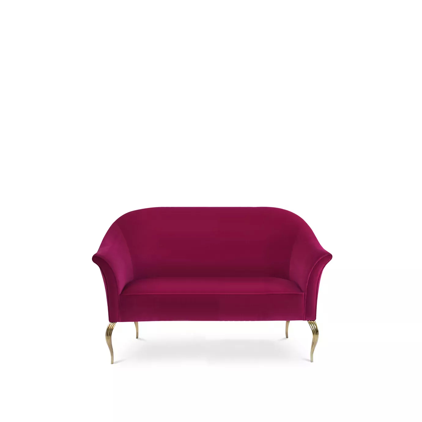 Front view of the Mimi Sofa, showcasing its elegant, curved silhouette and rich, deep-red velvet upholstery.