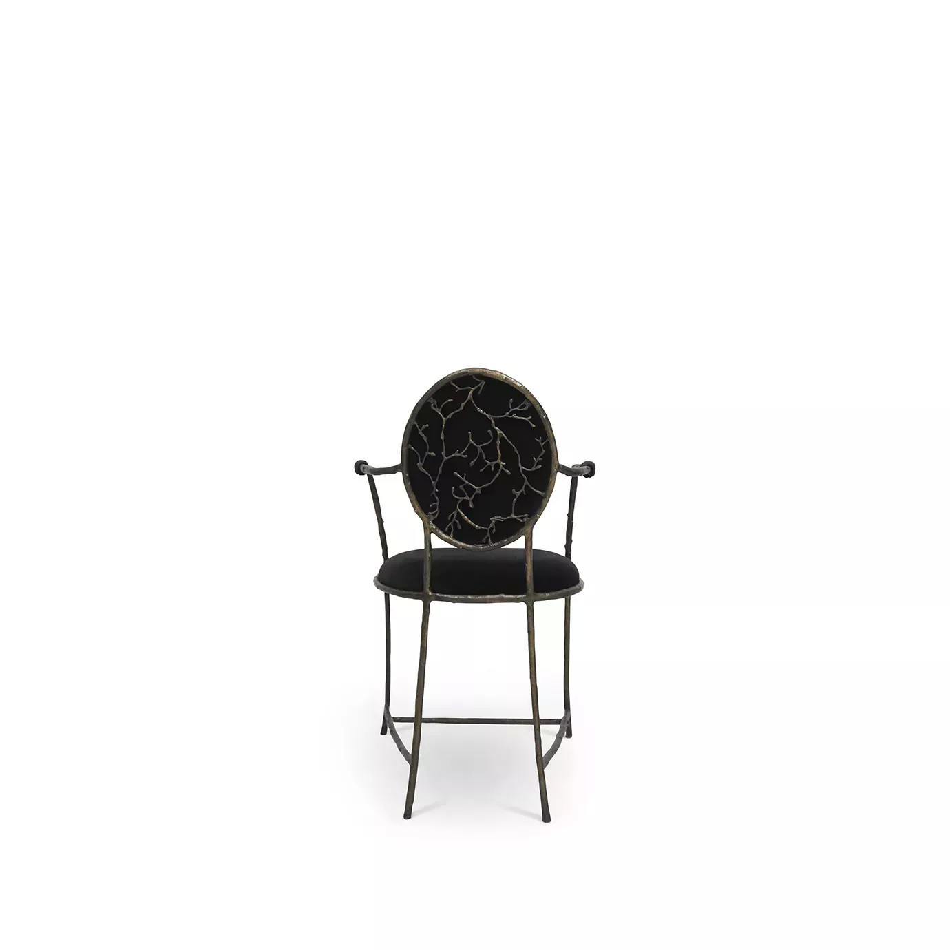 Showcasing its intricate aged brass frame that resembles branches, the Enchanted Counter Stool features a glamourous black upholstery.