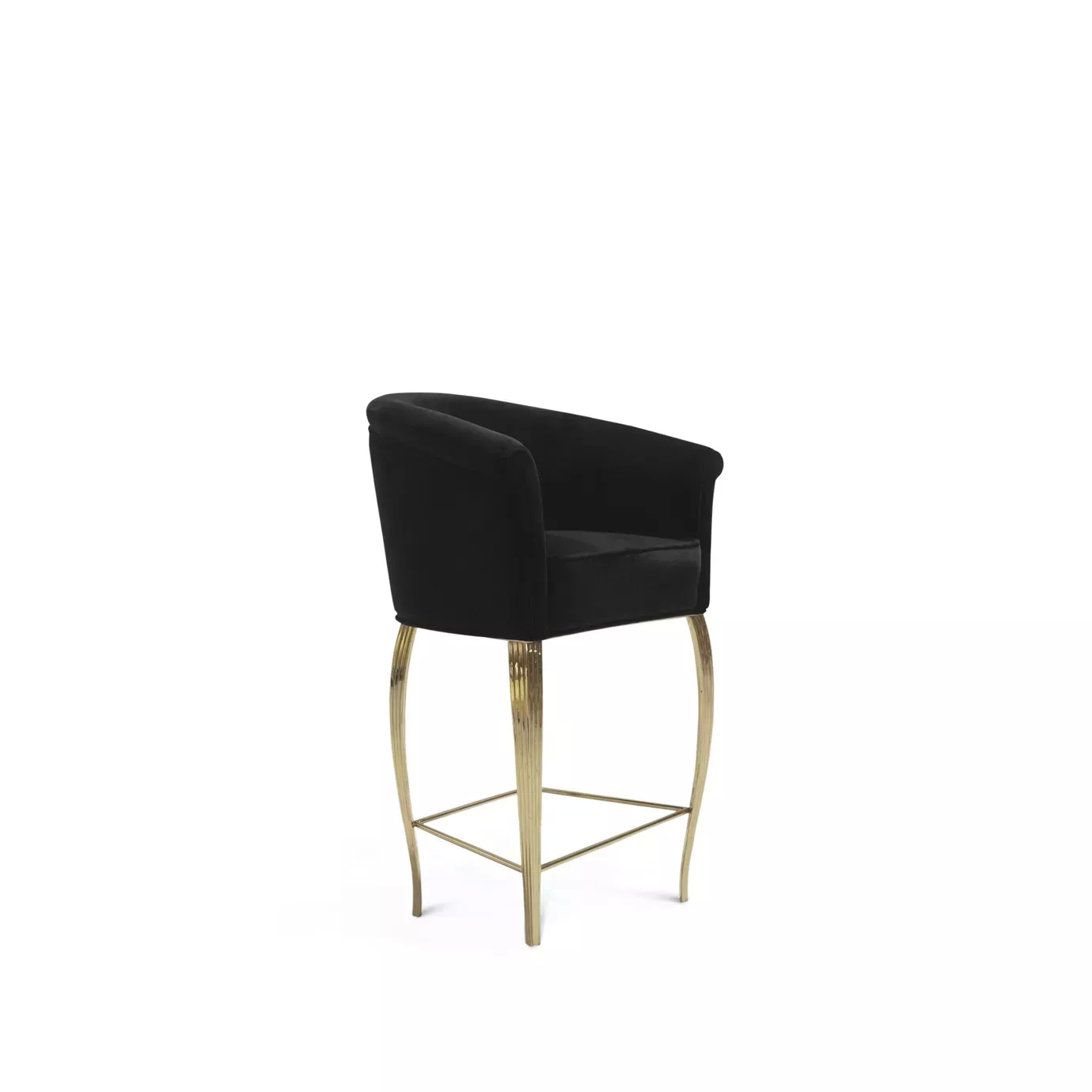 The Mimi Counter Stool features a luxurious black velvet seat and back, complemented by elegant, curved golden legs and a footrest.