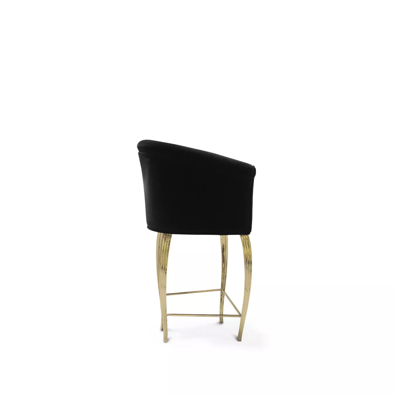 Side view of the Mimi Counter Stool, showcasing its black velvet upholstery and elegant, curved golden legs connected by a footrest.