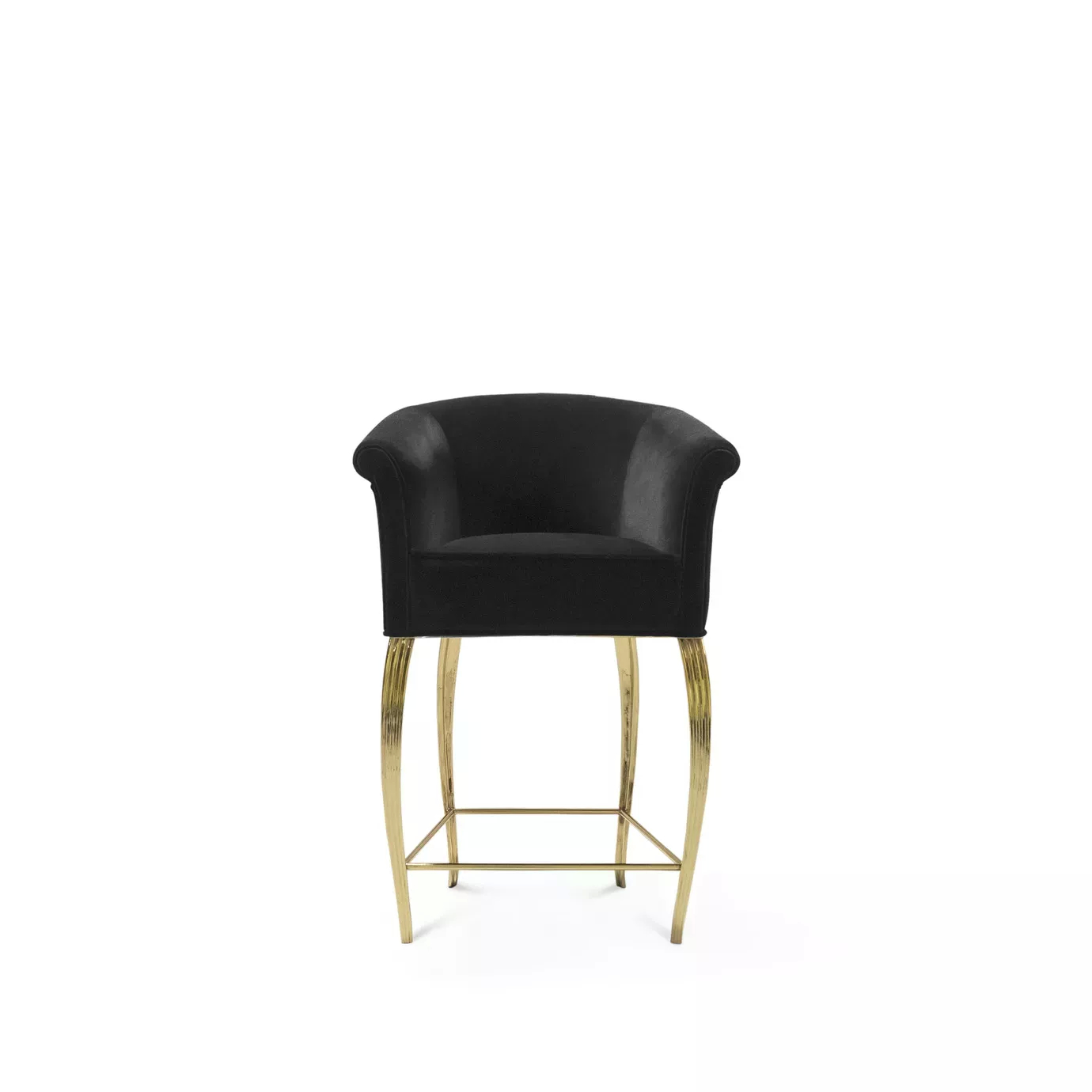 The Mimi Counter Stool features a luxurious black velvet seat and back, complemented by elegant, curved golden legs and a footrest.