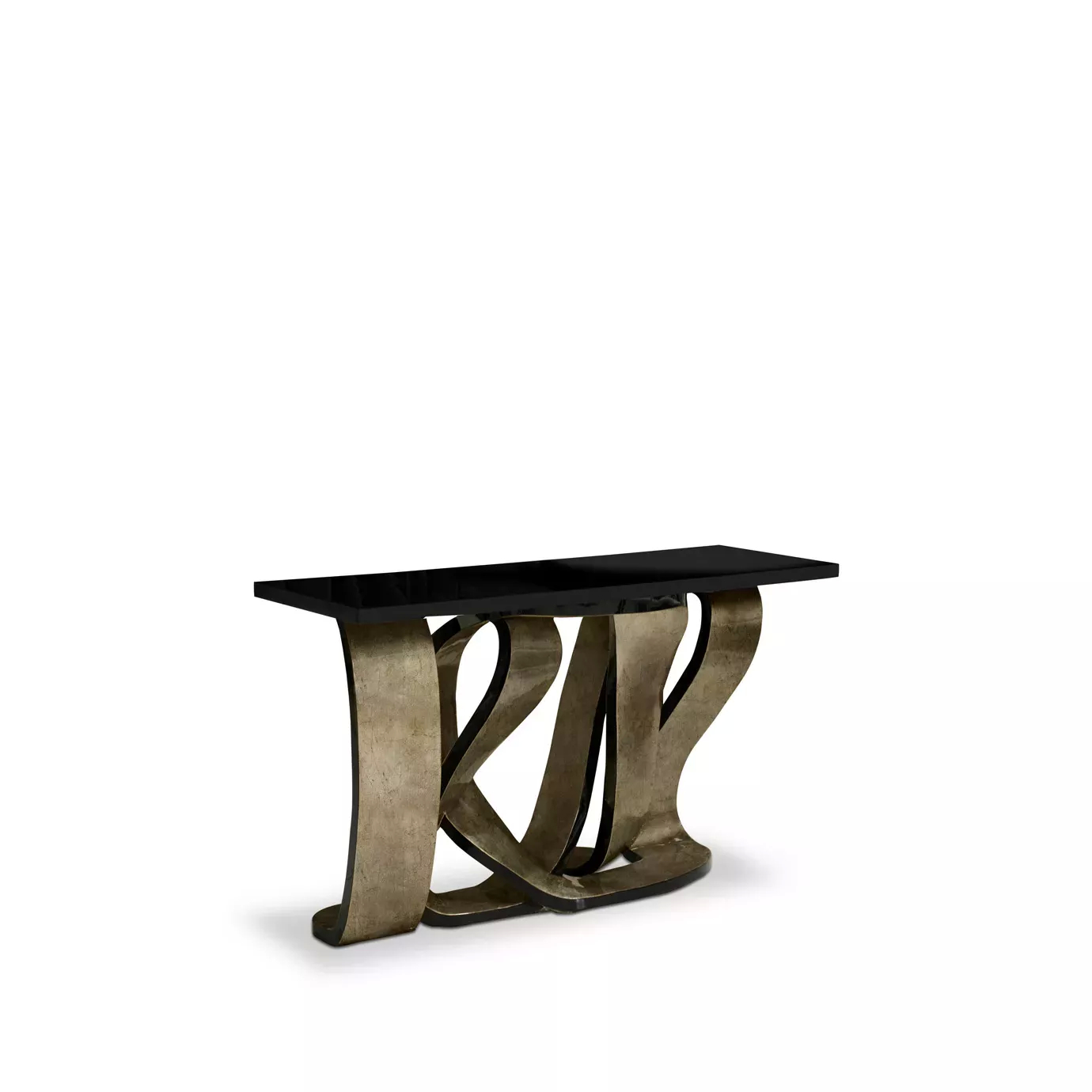 Slight side vision of the Ribbon Broken Silver Leaf Console, showcasing its luxurious twisted metal ribbon base with a silver finish and the black lacquer tabletop.