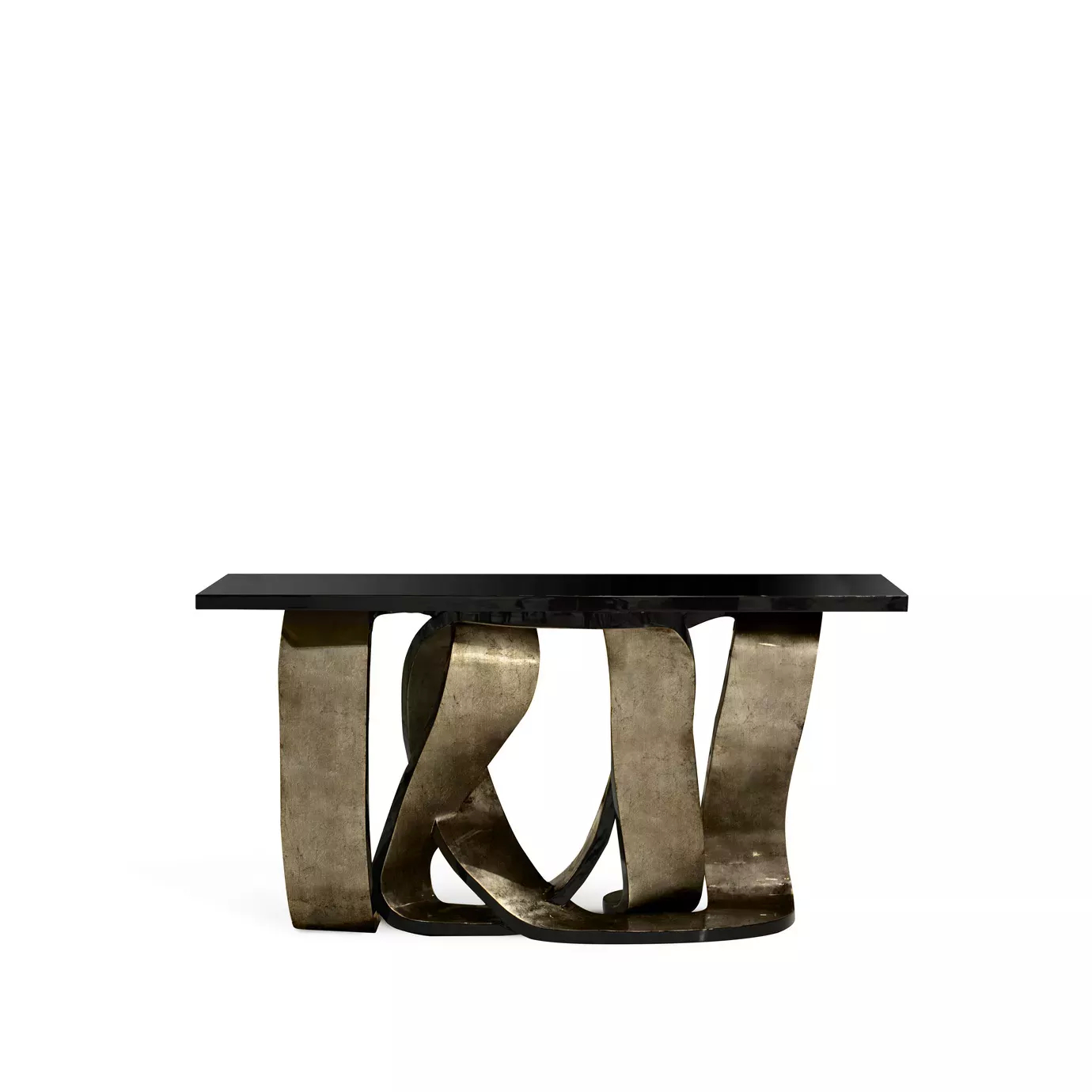 With a black lacquer tabletop, the Ribbon Broken Silver Leaf Console features a twisted metal ribbon base with a silver finish, giving the piece an artistic and luxurious feel.
