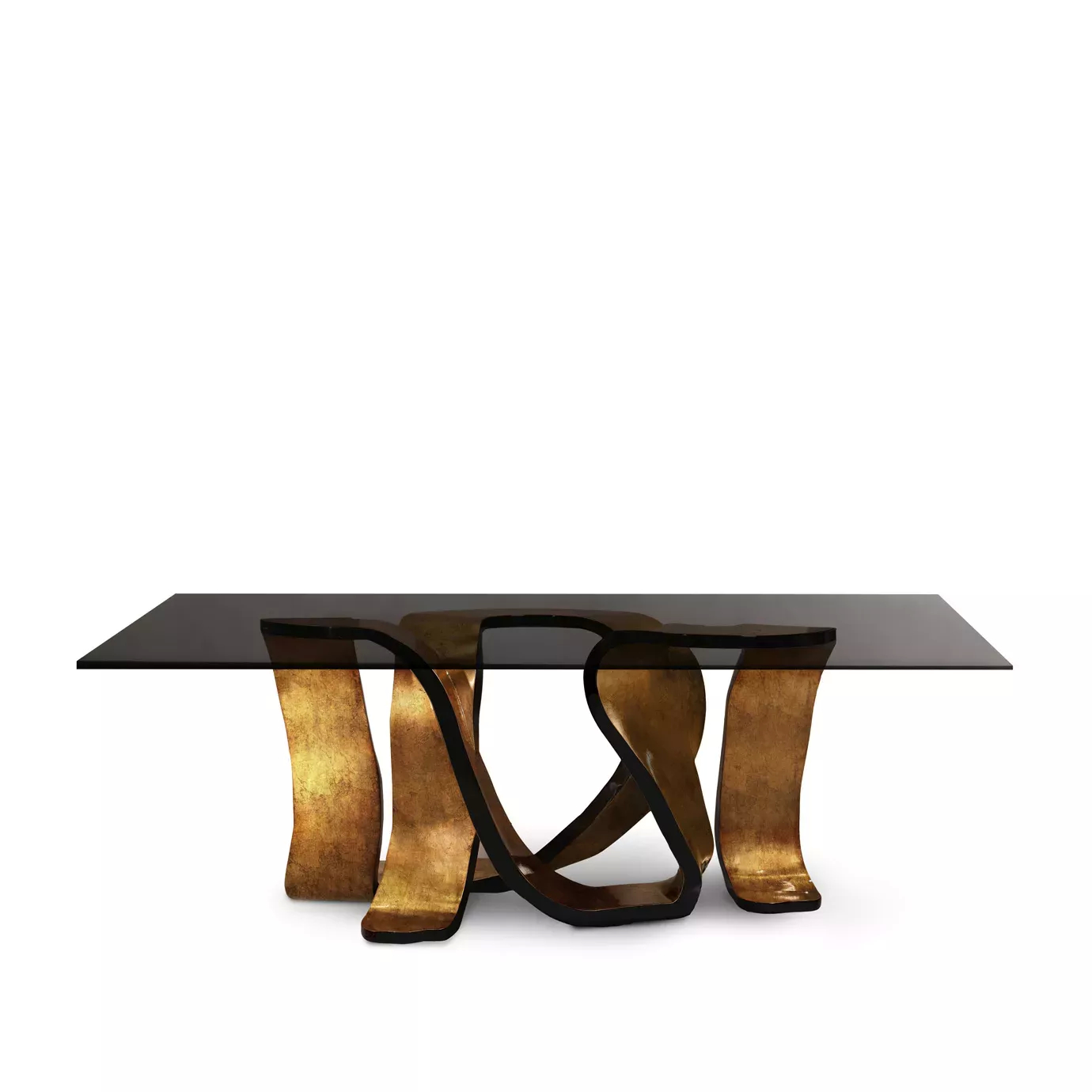 The Ribbon Broken Copper Leaf Dining Table features a sleek black glass top and a dynamic, intertwined copper leaf base.