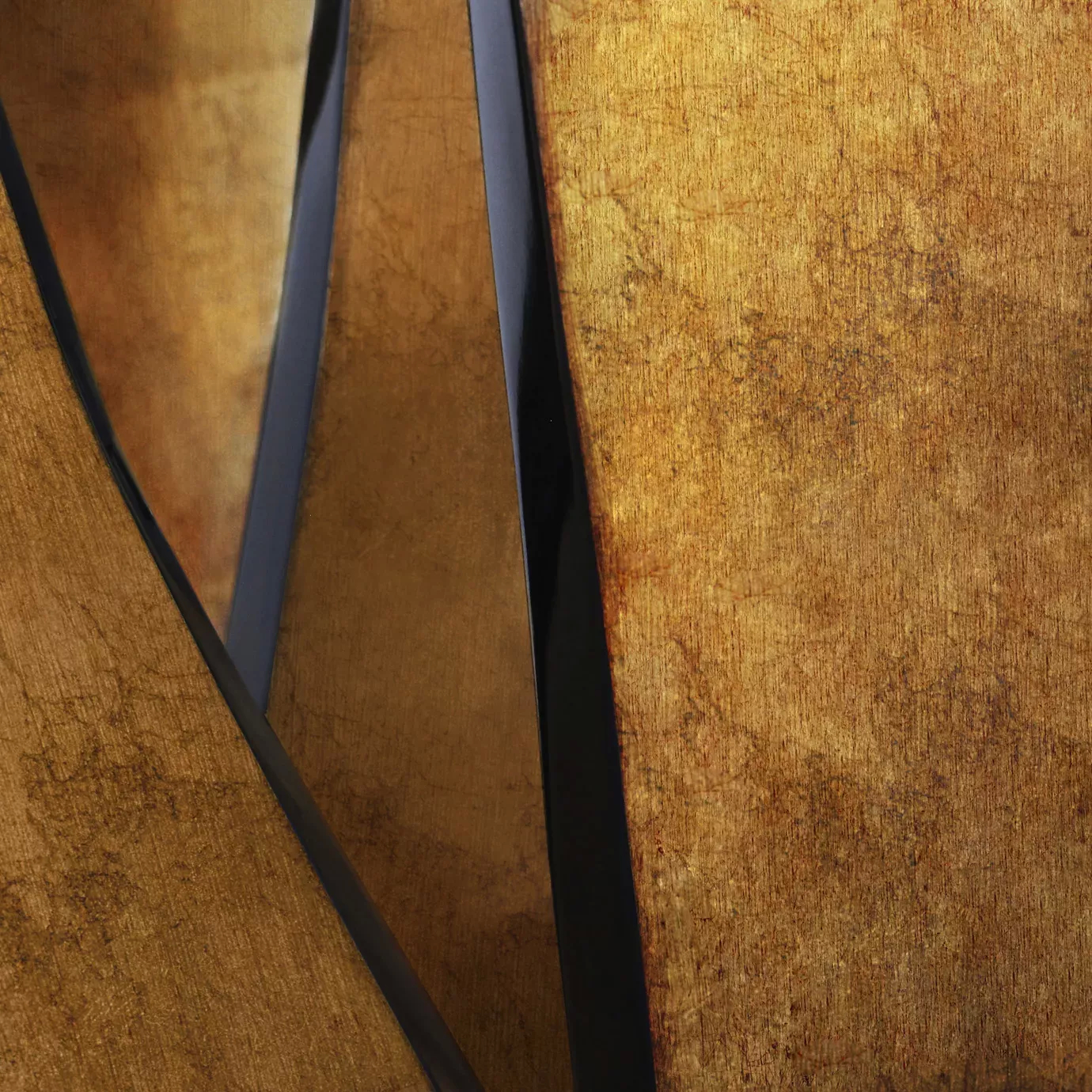 Tight shot of the Ribbon Broken Copper Leaf Dining Table's base, highlighting the rich texture of the copper leaf and dark accents.
