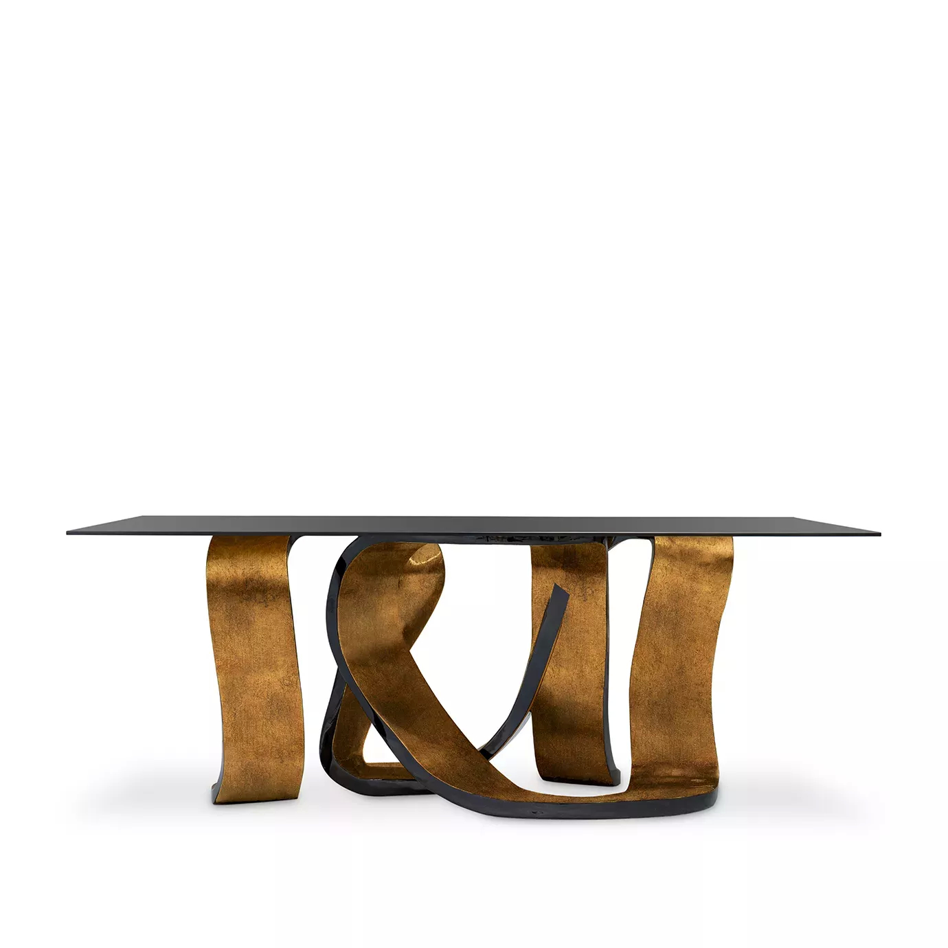 The Ribbon Broken Copper Leaf Dining Table features a sleek black glass top and a dynamic, intertwined copper leaf base.