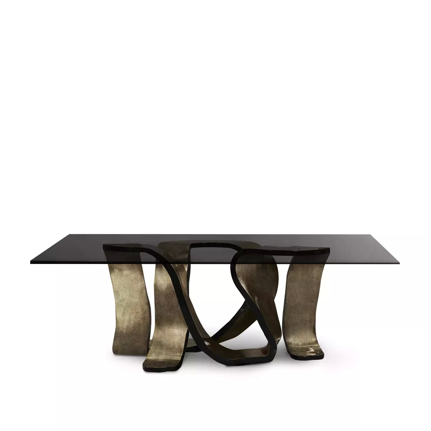The Ribbon Broken Silver Leaf Dining Table features a sleek black glass top supported by an artistic, intertwined silver leaf base.
