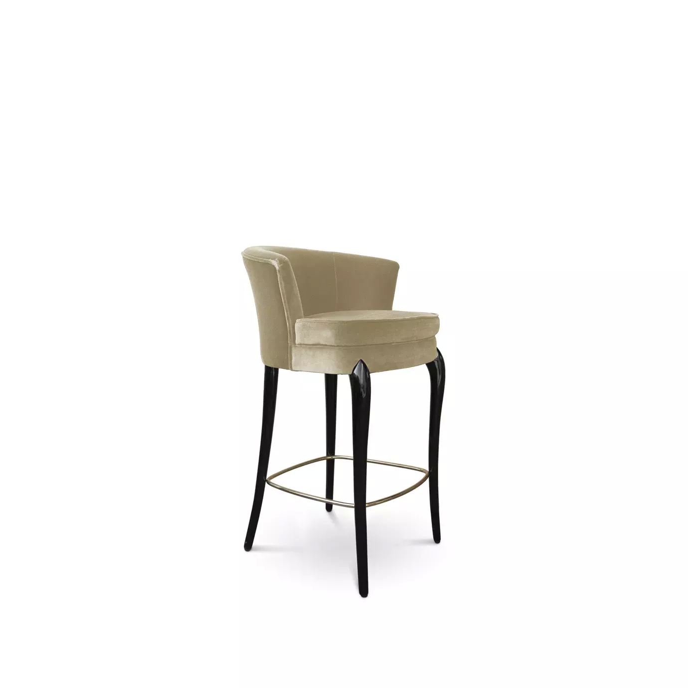 Slightly angled view of the Délice Counter Stool: featuring a tan velvet upholstered seat, black legs, and a golden footrest.